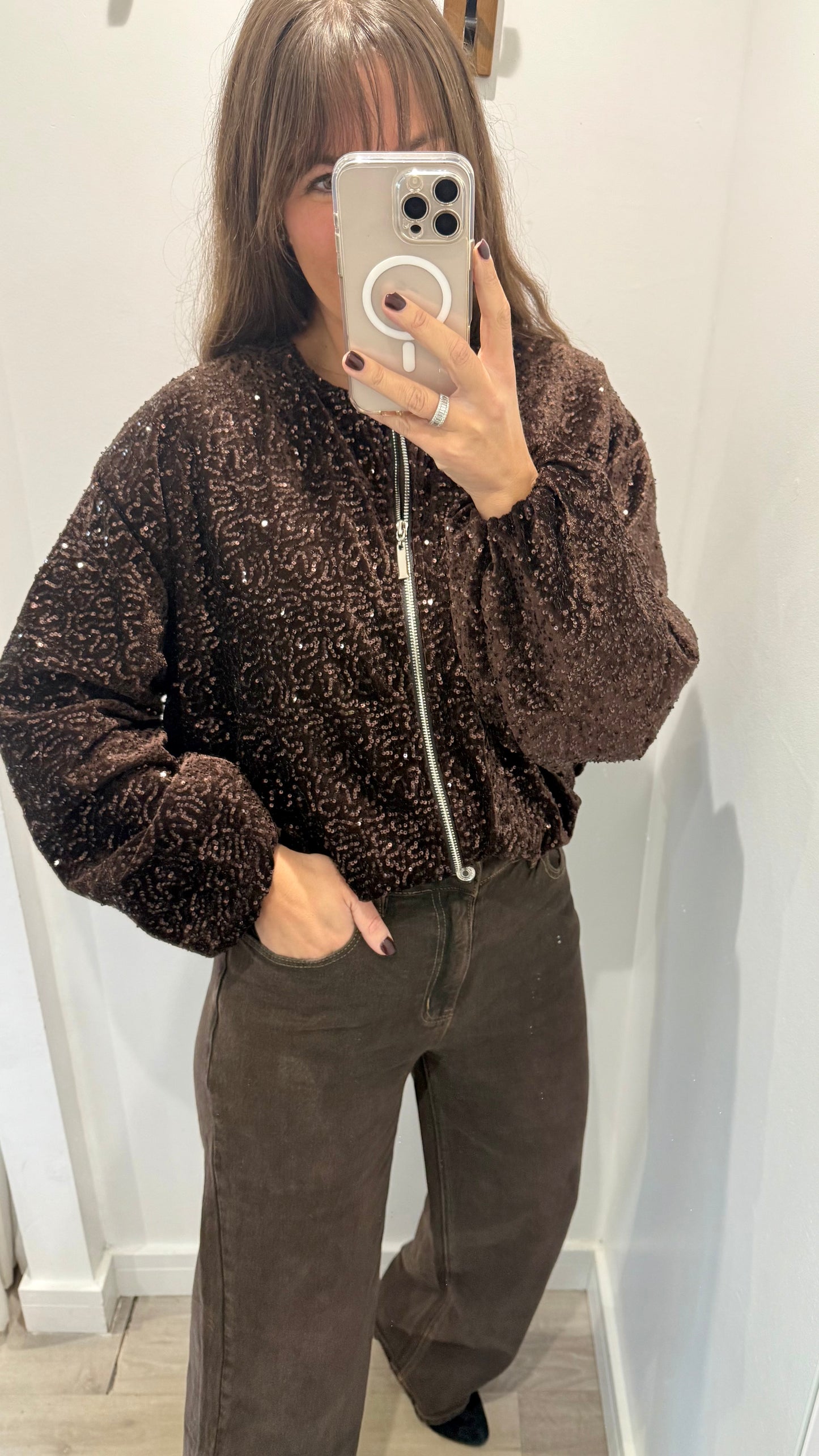 CHOCOLATE SEQUIN BOMBER JACKET