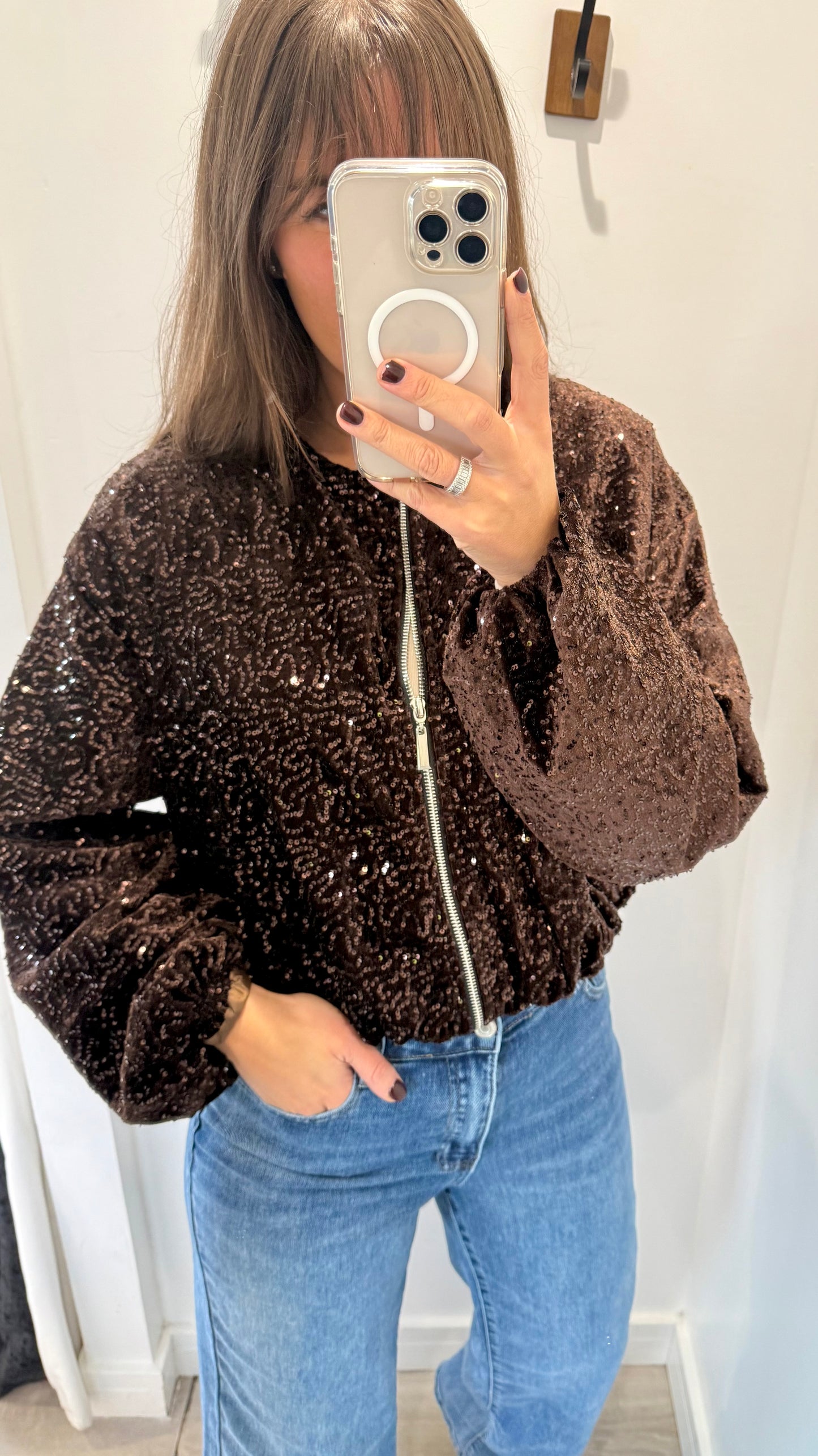 CHOCOLATE SEQUIN BOMBER JACKET