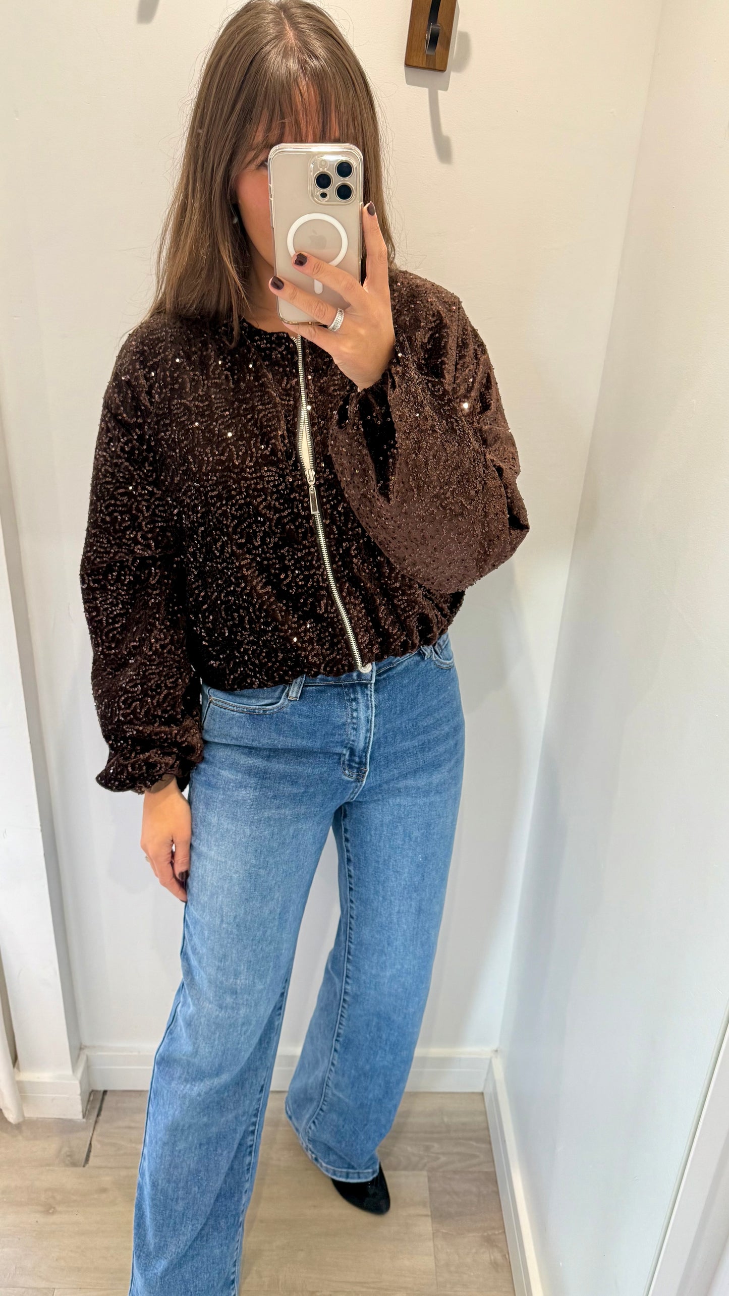 CHOCOLATE SEQUIN BOMBER JACKET