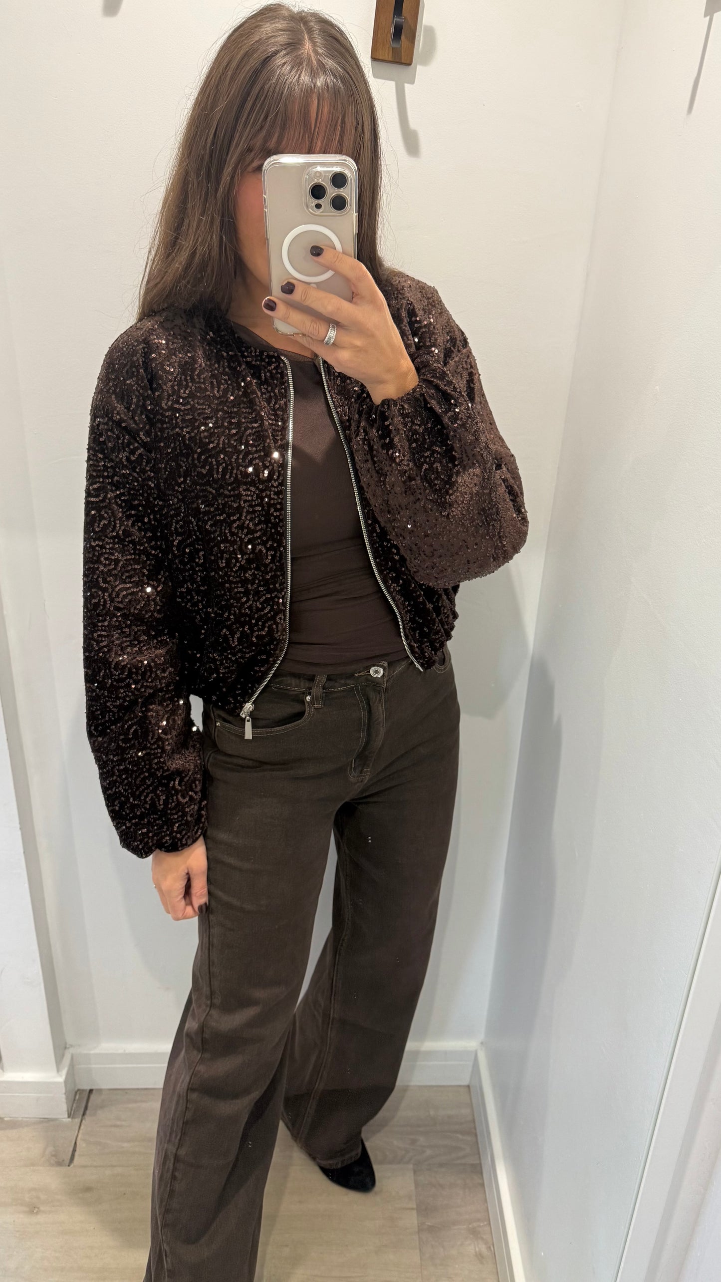 CHOCOLATE SEQUIN BOMBER JACKET