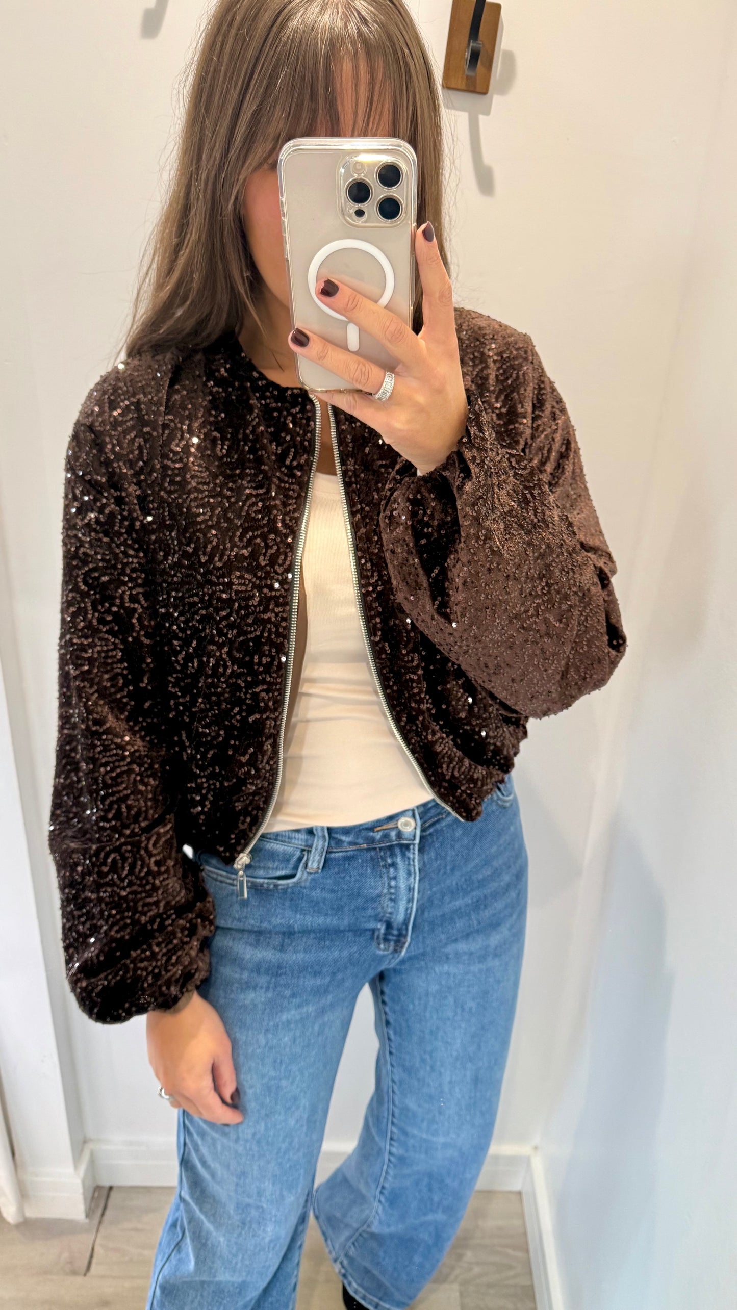 CHOCOLATE SEQUIN BOMBER JACKET