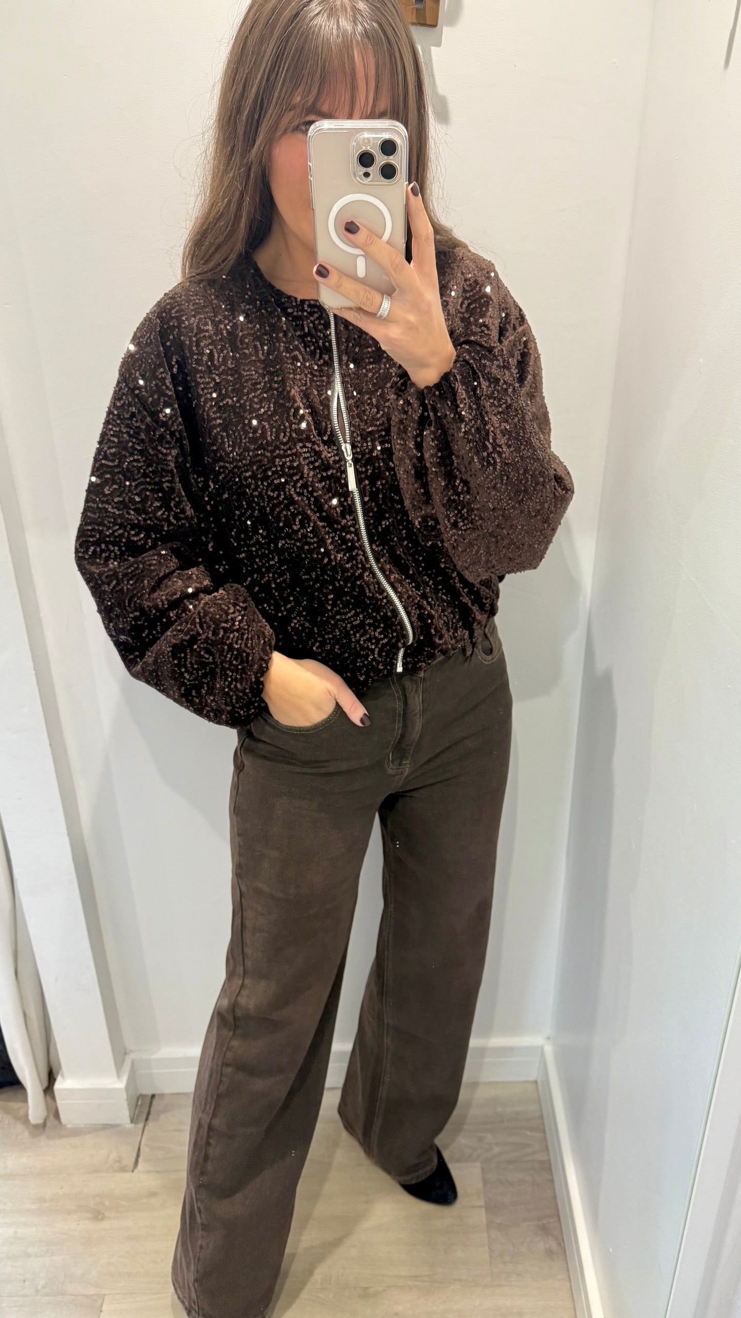 CHOCOLATE SEQUIN BOMBER JACKET