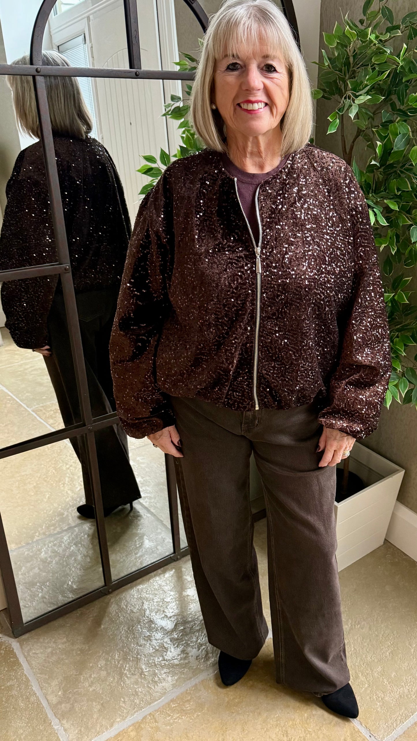 CHOCOLATE SEQUIN BOMBER JACKET