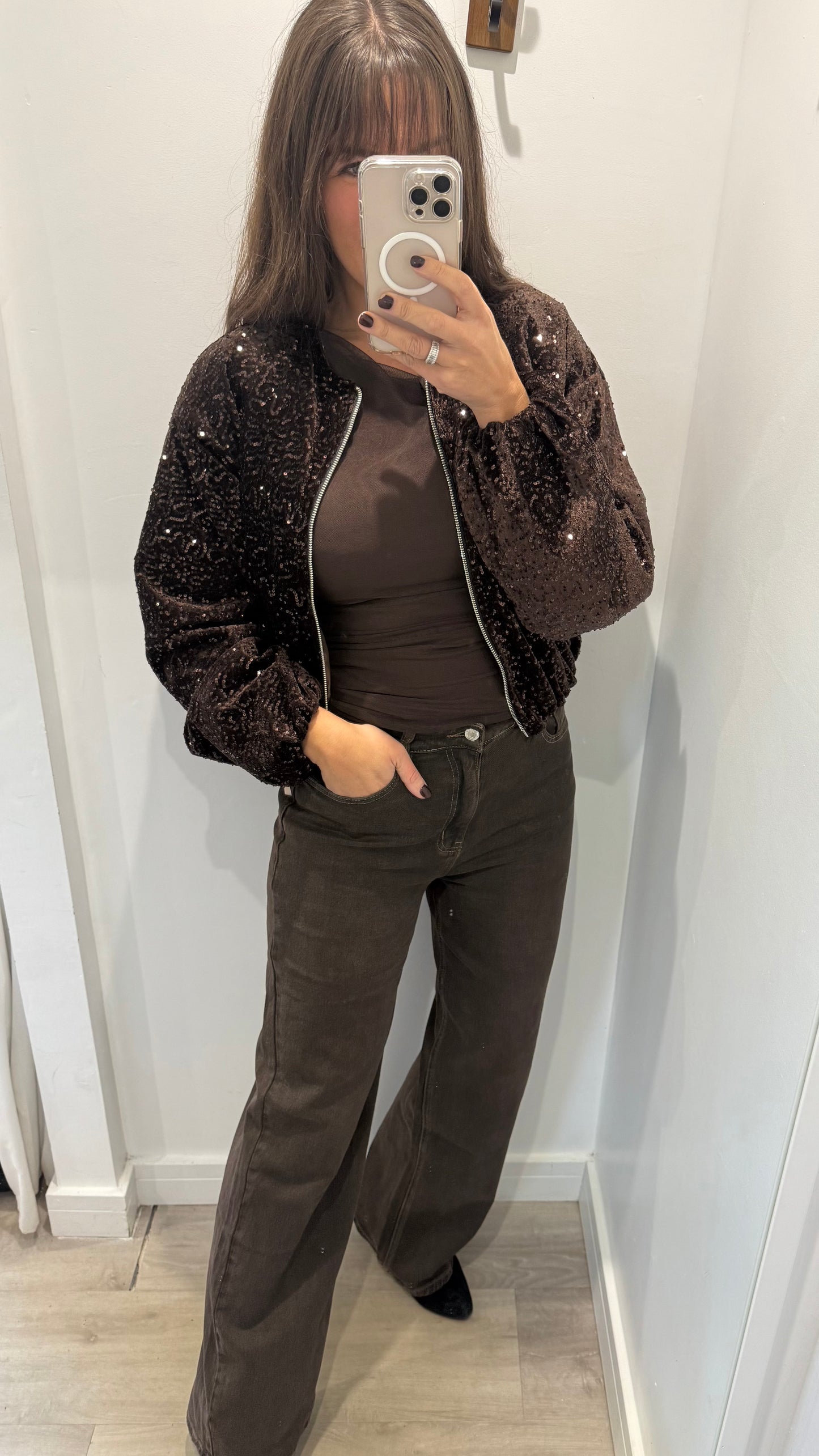 CHOCOLATE SEQUIN BOMBER JACKET
