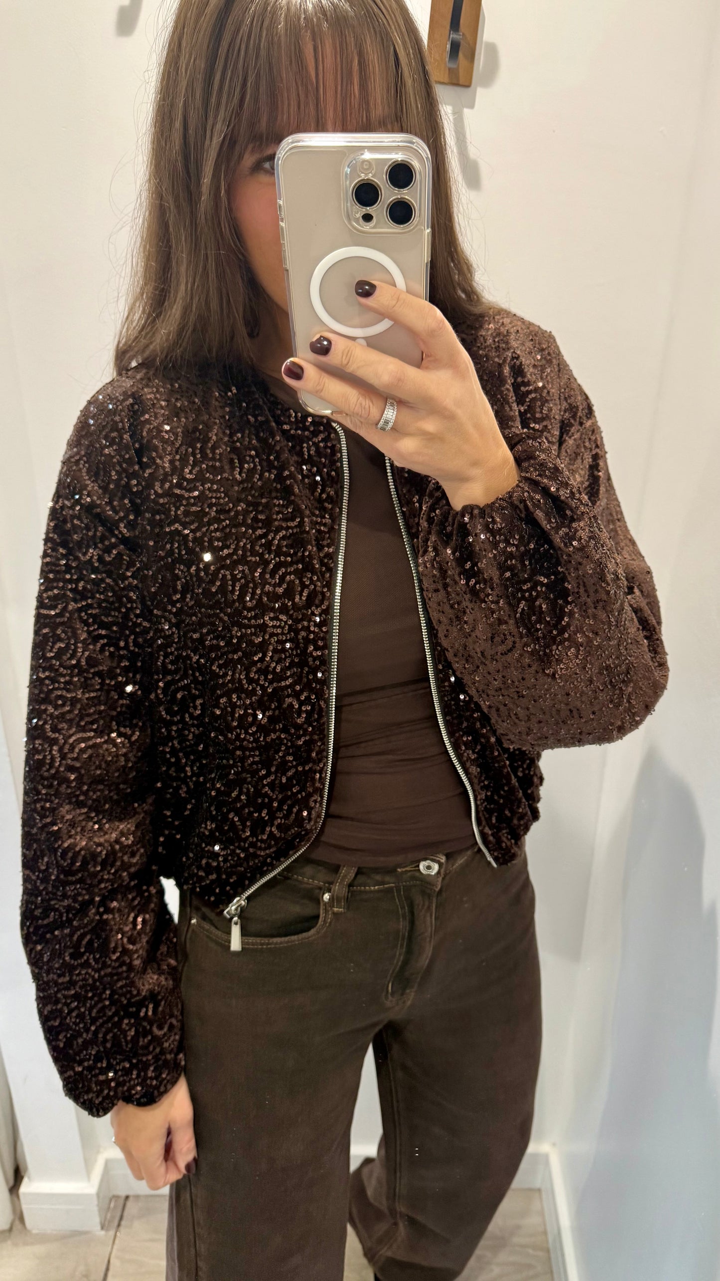 CHOCOLATE SEQUIN BOMBER JACKET