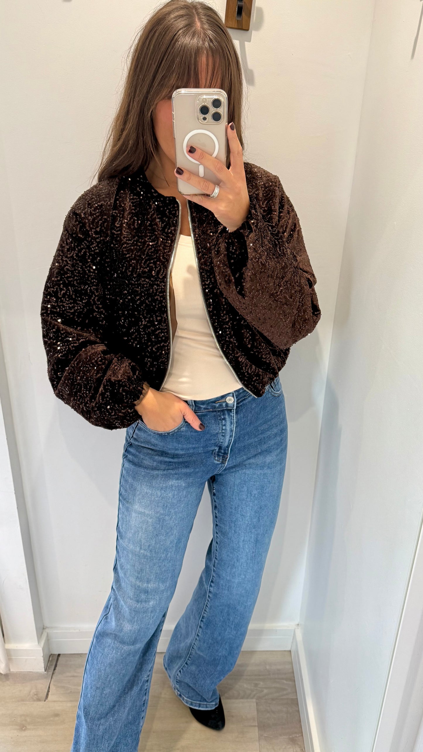 CHOCOLATE SEQUIN BOMBER JACKET