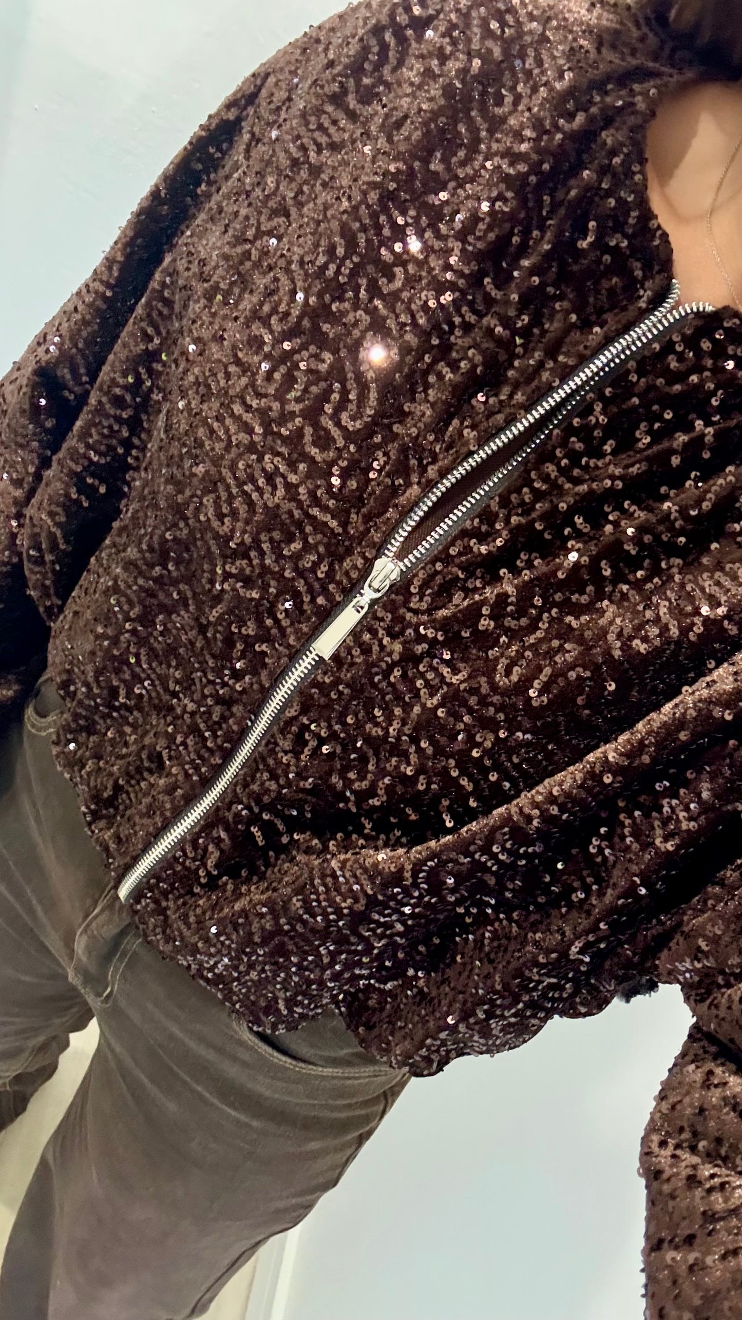 CHOCOLATE SEQUIN BOMBER JACKET