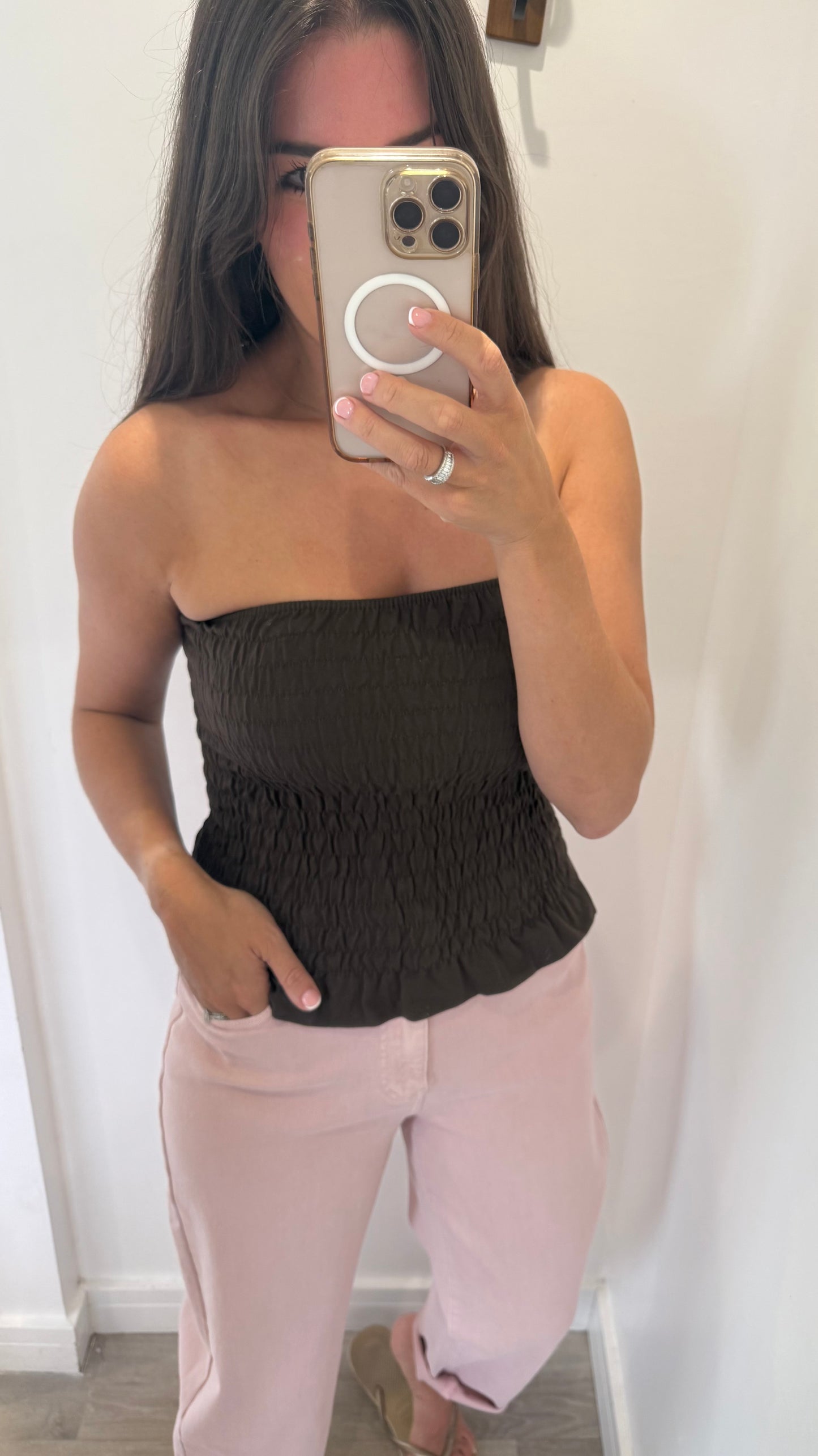 CHOCOLATE SHIRRED BOOB TUBE