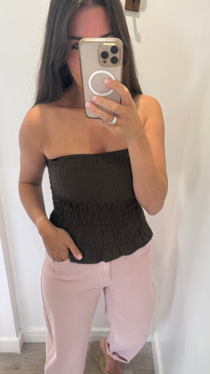 CHOCOLATE SHIRRED BOOB TUBE