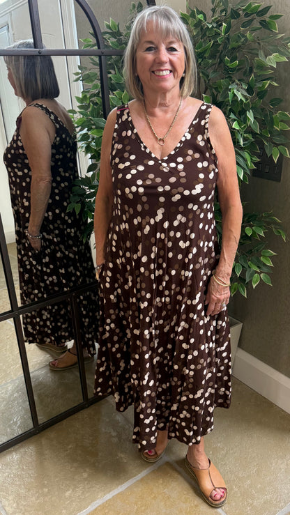 CHOCOLATE SPOTTY SUMMER DRESS