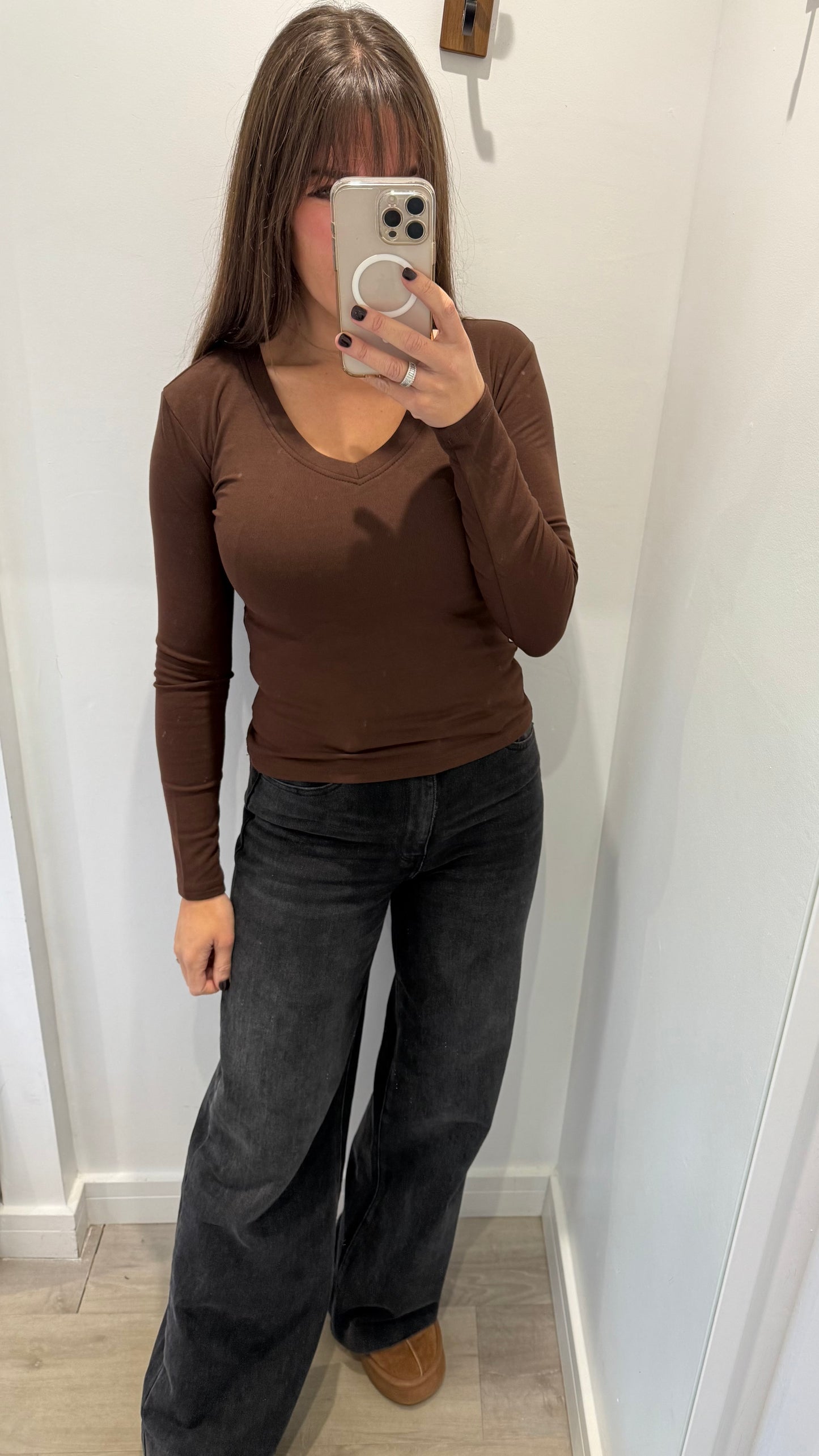 CHOCOLATE BROWN V-NECK STRETCH BASIC TOP