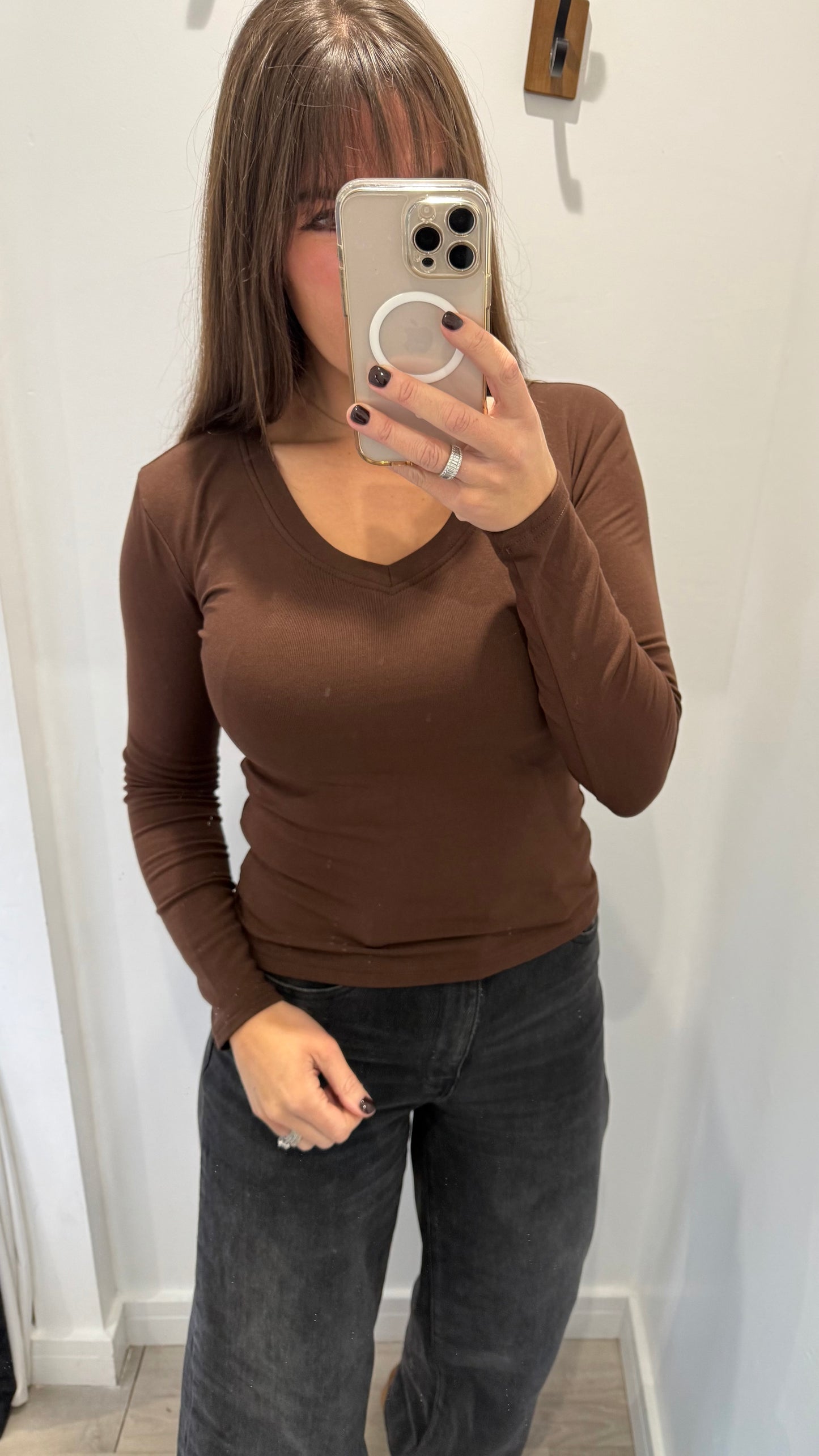 CHOCOLATE BROWN V-NECK STRETCH BASIC TOP