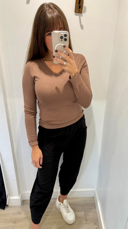 CHOCOLATE BROWN V-NECK STRETCH BASIC TOP