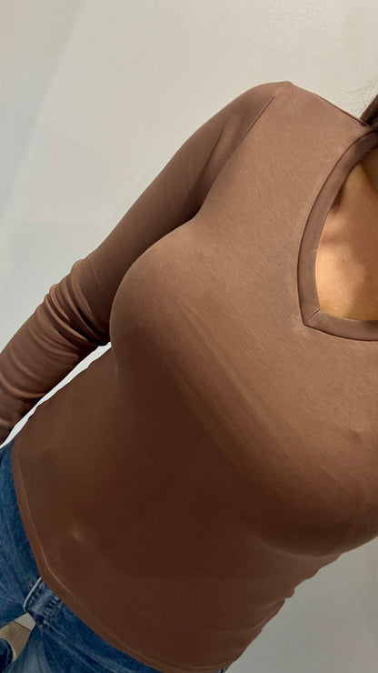 CHOCOLATE BROWN V-NECK STRETCH BASIC TOP