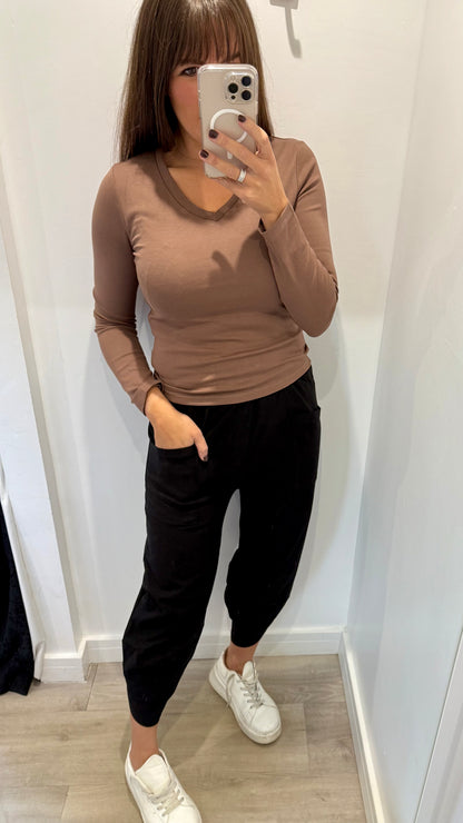 CHOCOLATE BROWN V-NECK STRETCH BASIC TOP