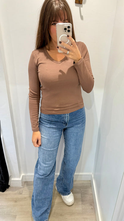 CHOCOLATE BROWN V-NECK STRETCH BASIC TOP