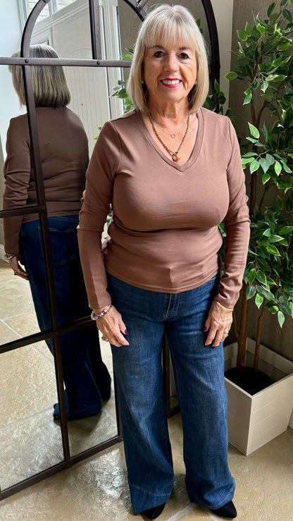 CHOCOLATE BROWN V-NECK STRETCH BASIC TOP