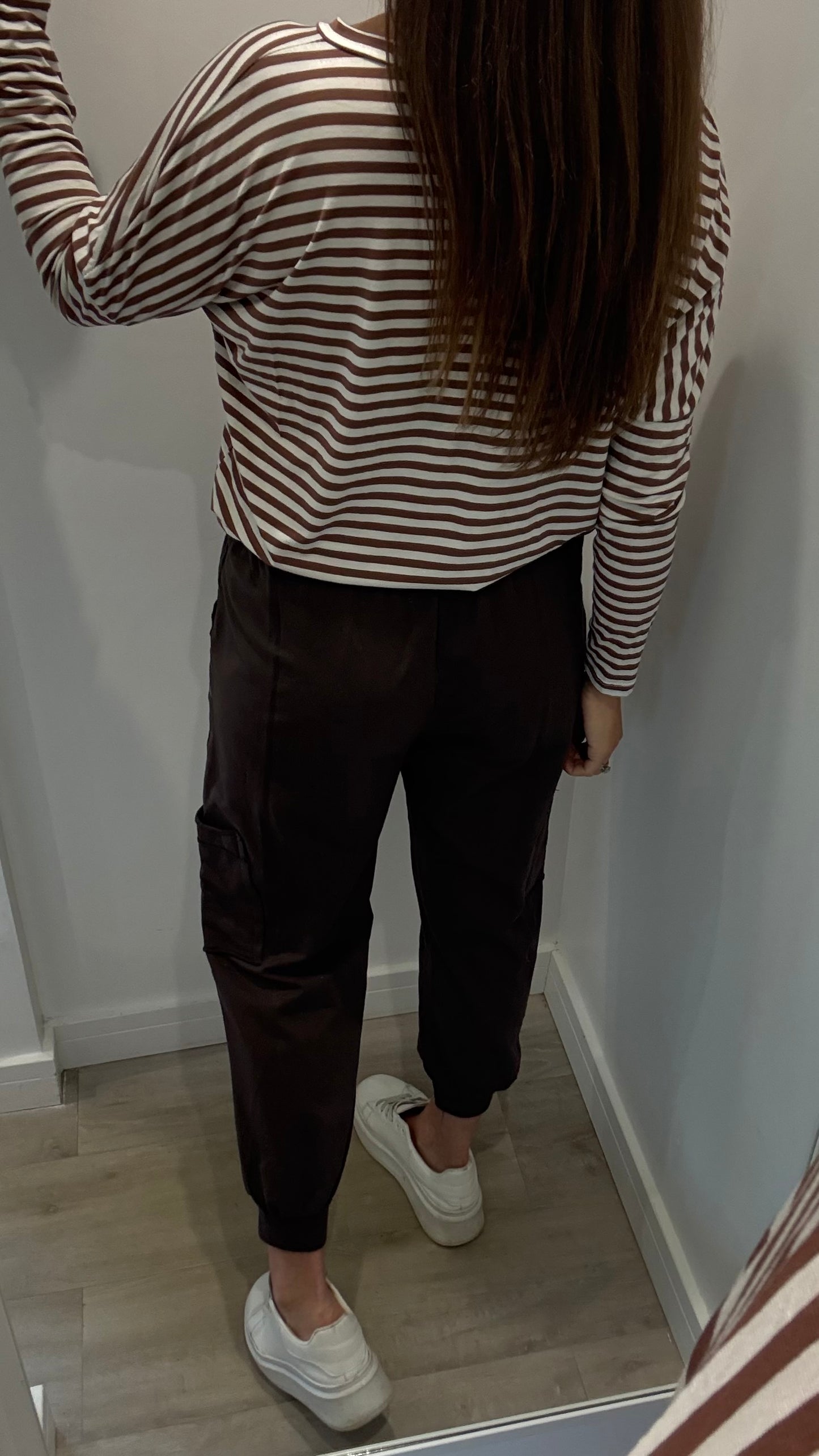 CHOCOLATE BROWN AND WHITE BRETON STRIPE BATWING TOP