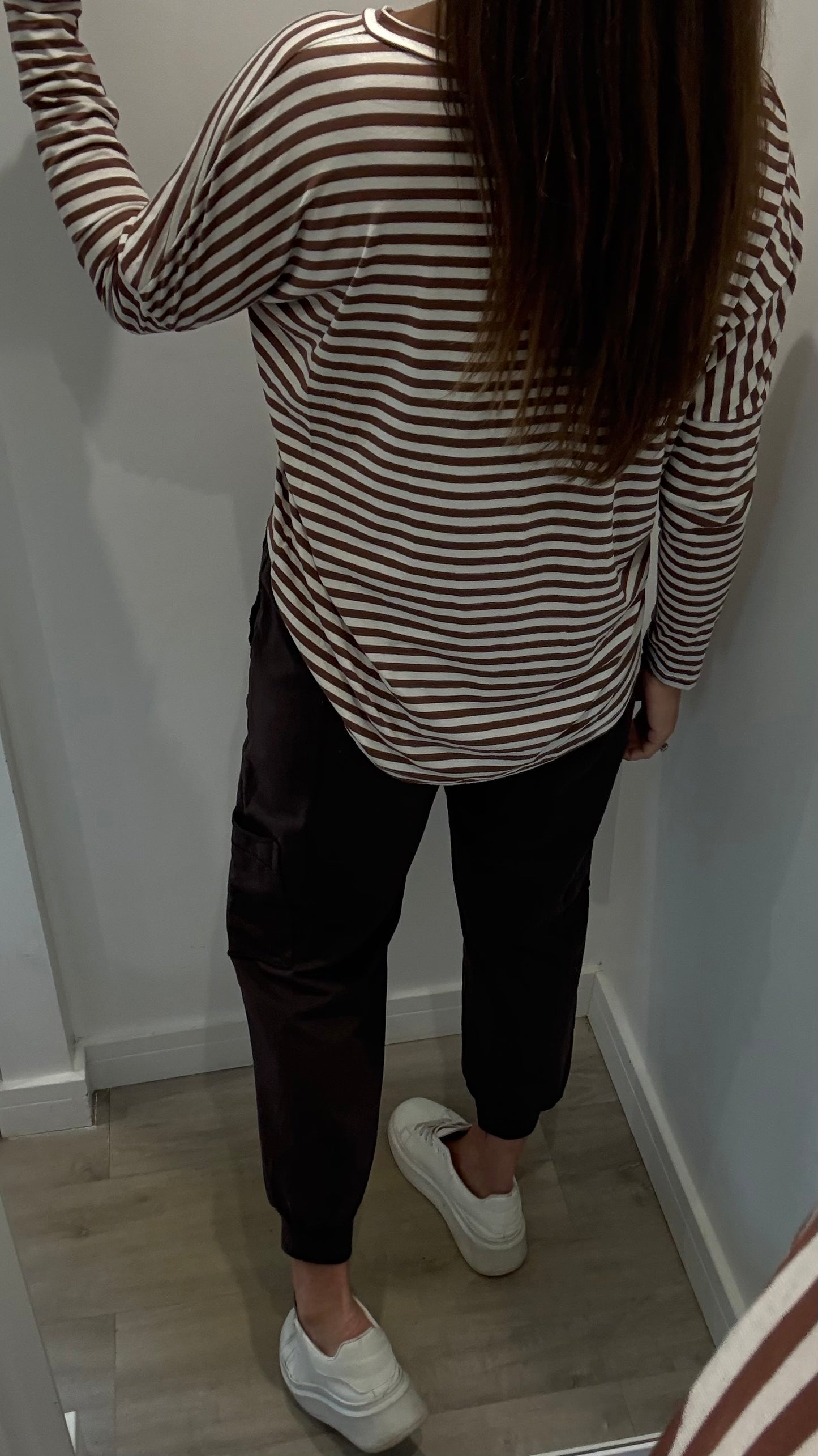 CHOCOLATE BROWN AND WHITE BRETON STRIPE BATWING TOP