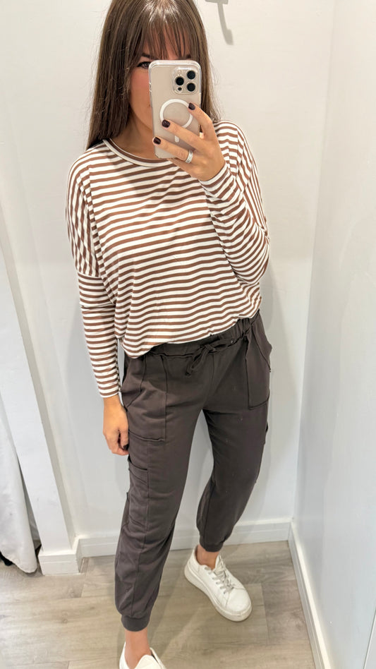 CHOCOLATE BROWN AND WHITE BRETON STRIPE BATWING TOP
