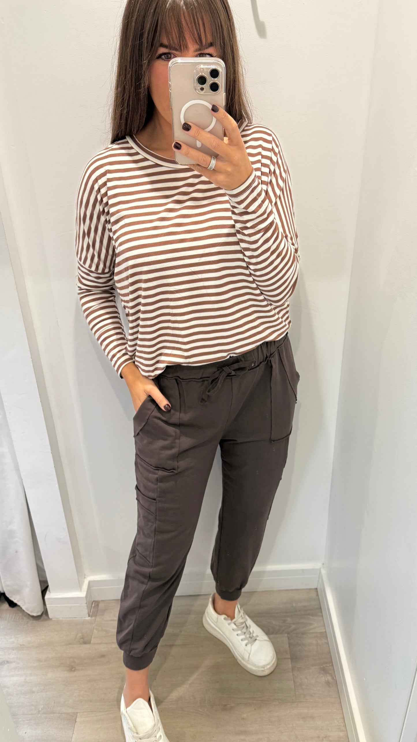 CHOCOLATE BROWN AND WHITE BRETON STRIPE BATWING TOP