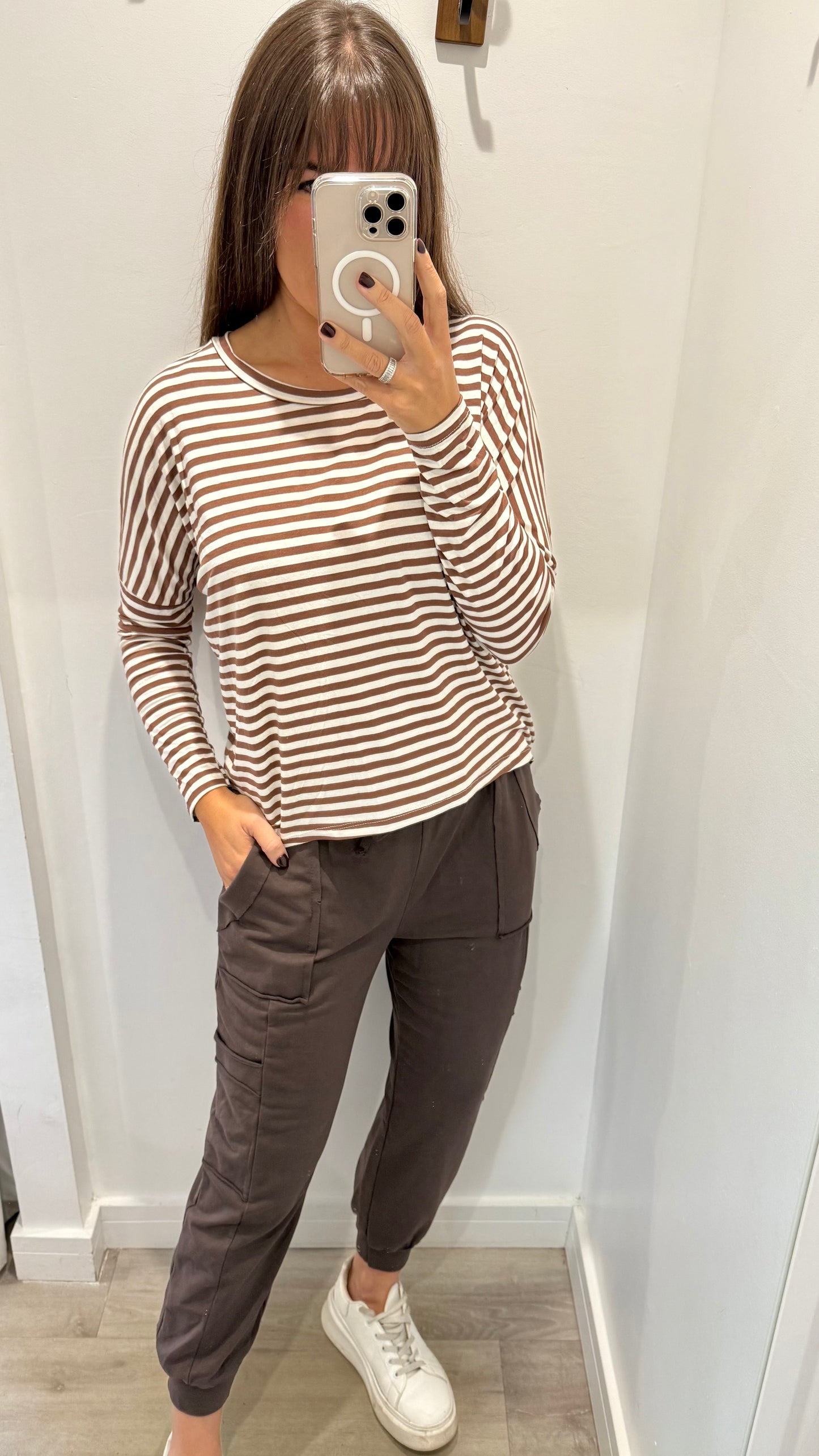 CHOCOLATE BROWN AND WHITE BRETON STRIPE BATWING TOP