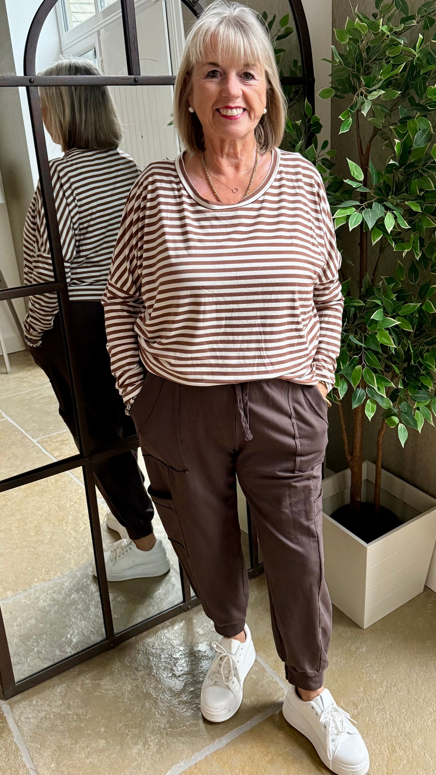 CHOCOLATE BROWN AND WHITE BRETON STRIPE BATWING TOP