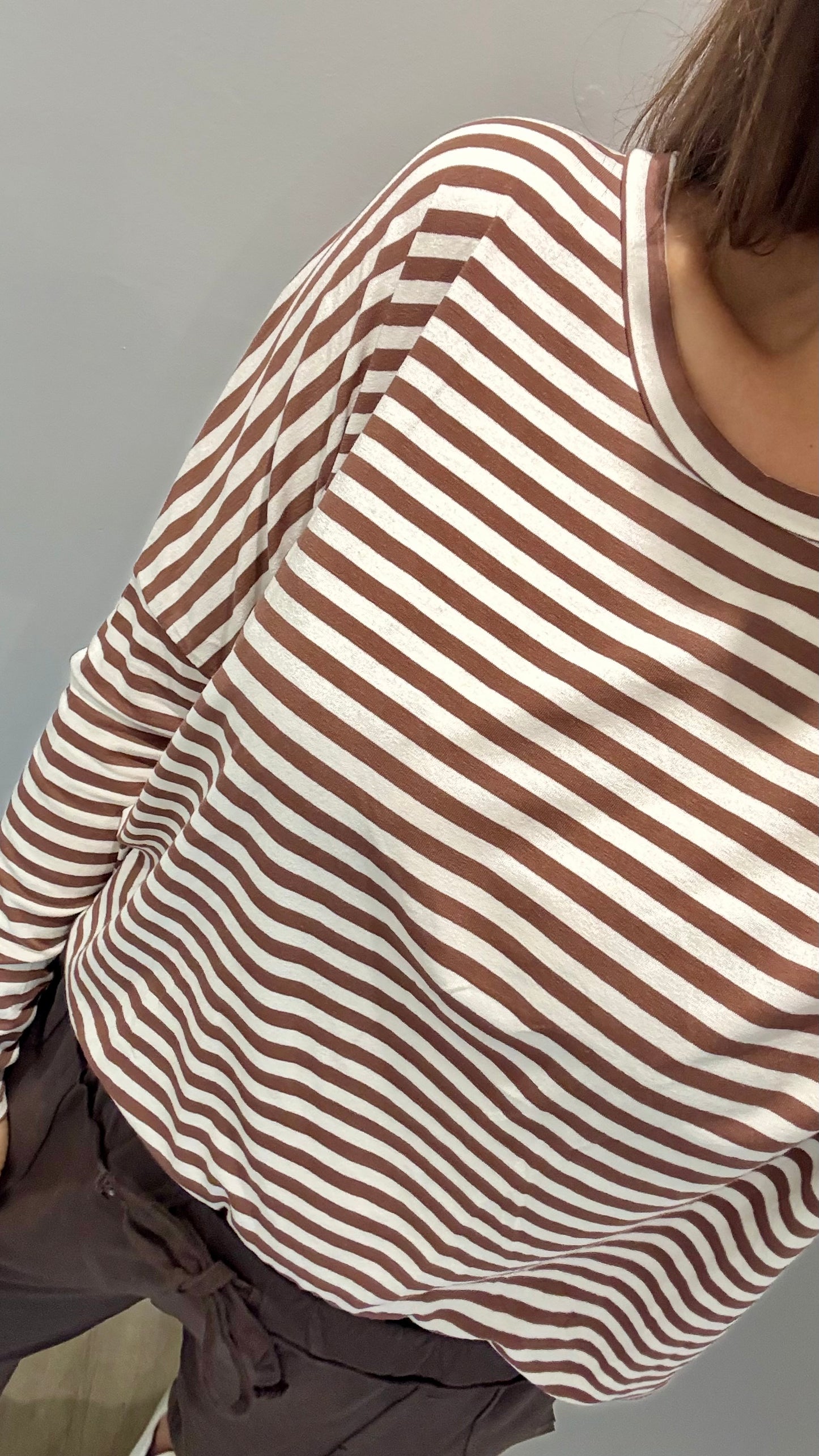CHOCOLATE BROWN AND WHITE BRETON STRIPE BATWING TOP
