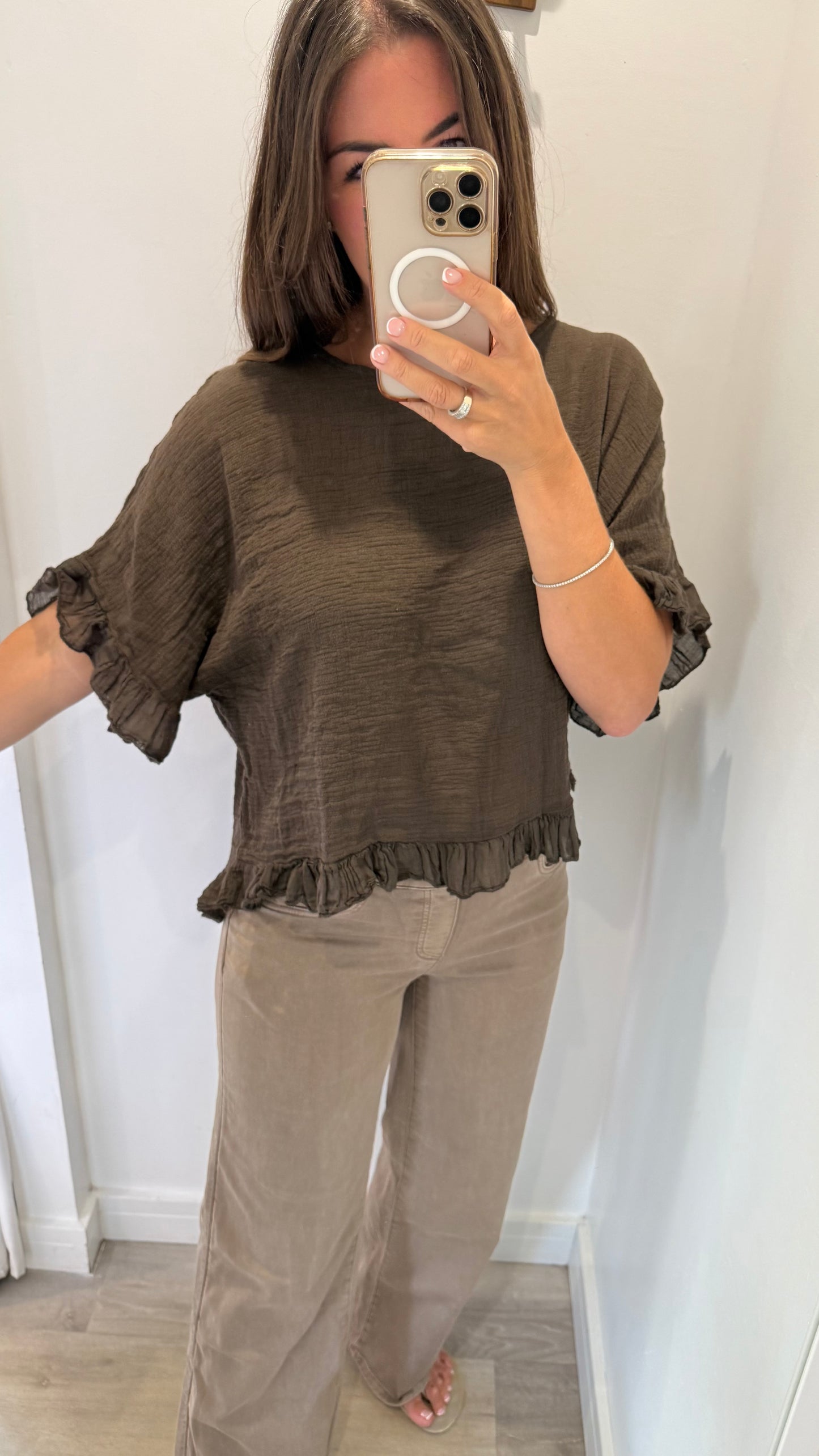 FRILL HEM COTTON TOP – CHOCOLATE