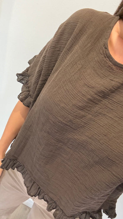 FRILL HEM COTTON TOP – CHOCOLATE
