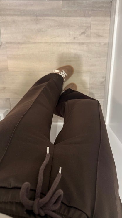 CHOCOLATE BROWN DRAWSTRING STRAIGHT LEG TROUSERS