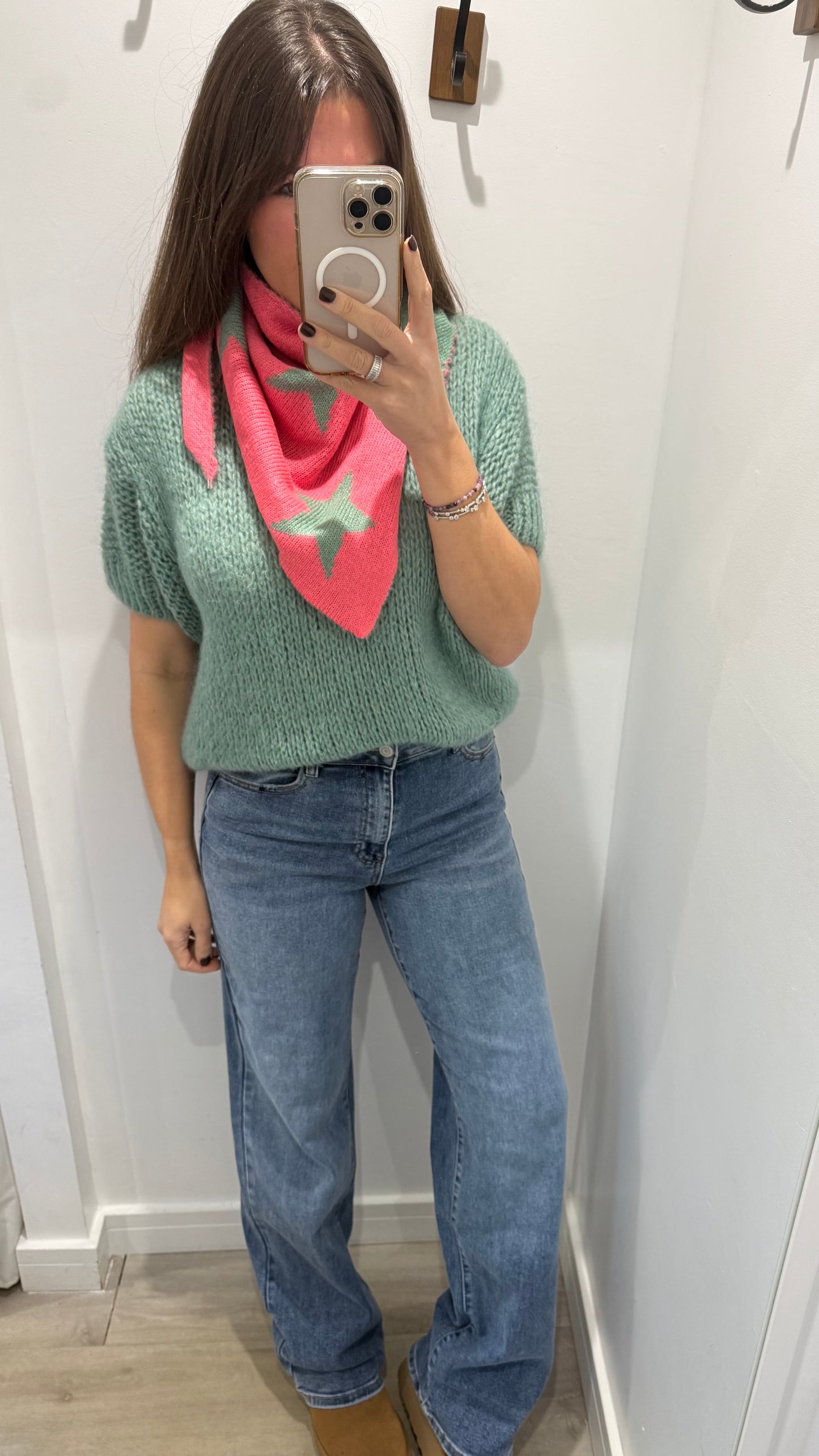 REVERSIBLE TRIANGLE STAR KNIT SCARF - MINT WITH CORAL