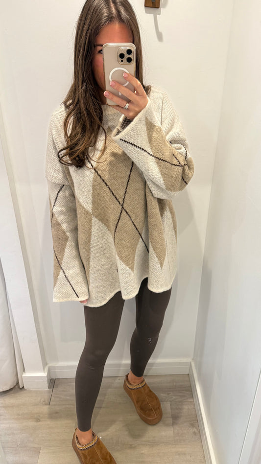 CREAM ARGYLE CHEVRON LONGLINE KNIT JUMPER