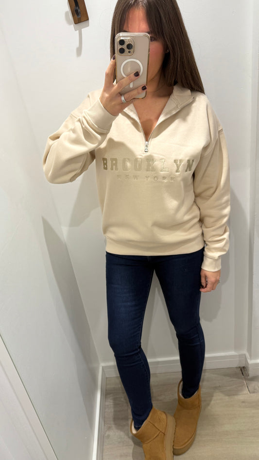 CREAM BROOKLYN NEW YORK HALF-ZIP SWEAT