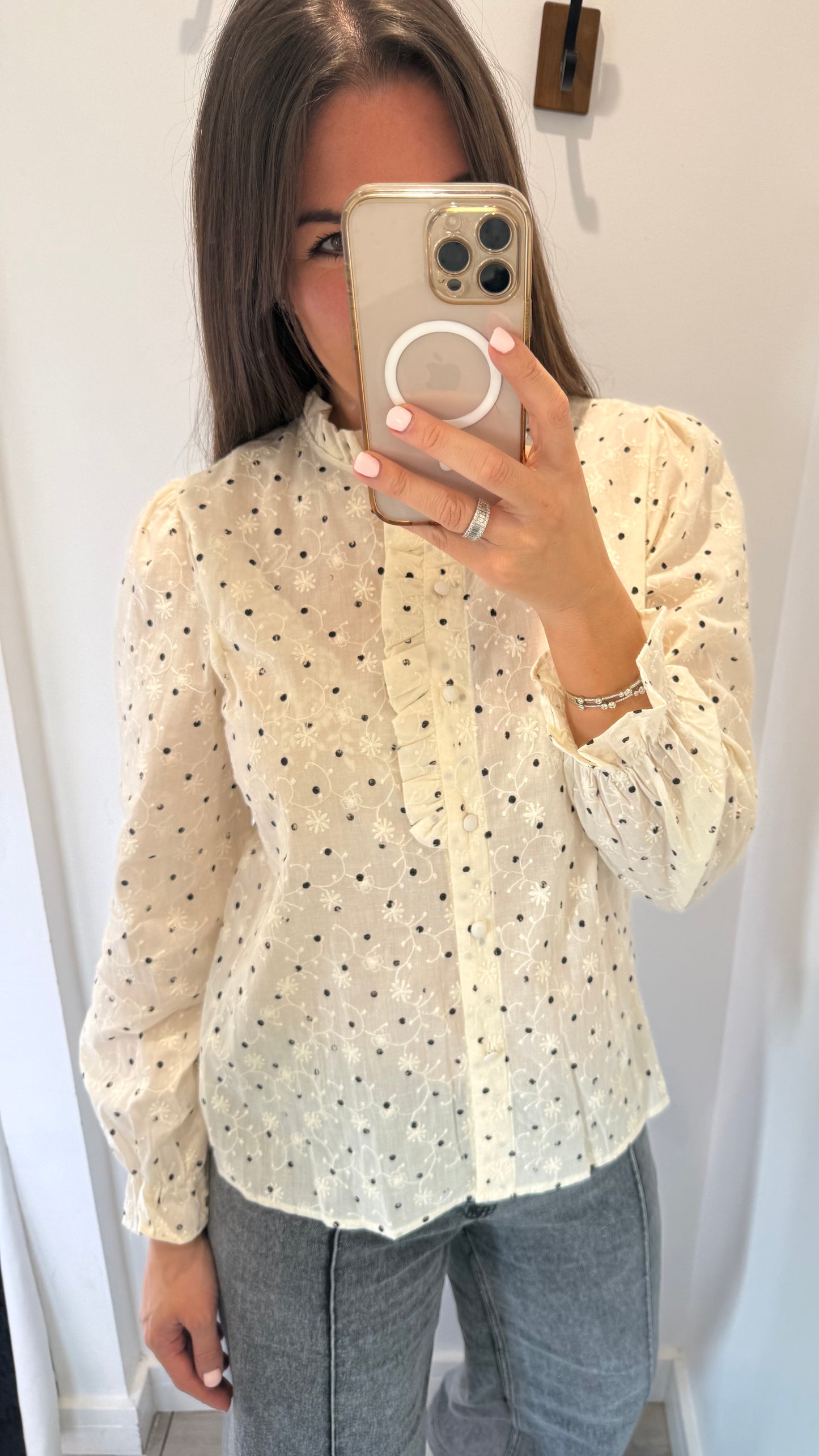 CREAM FLORAL EMBROIDERED SPOT BLOUSE