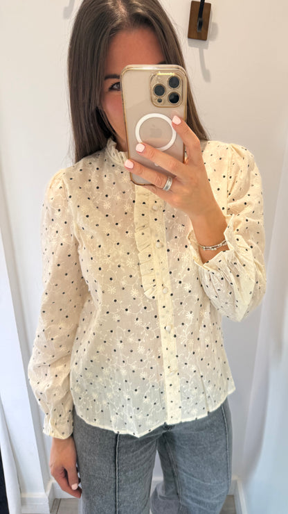 CREAM FLORAL EMBROIDERED SPOT BLOUSE