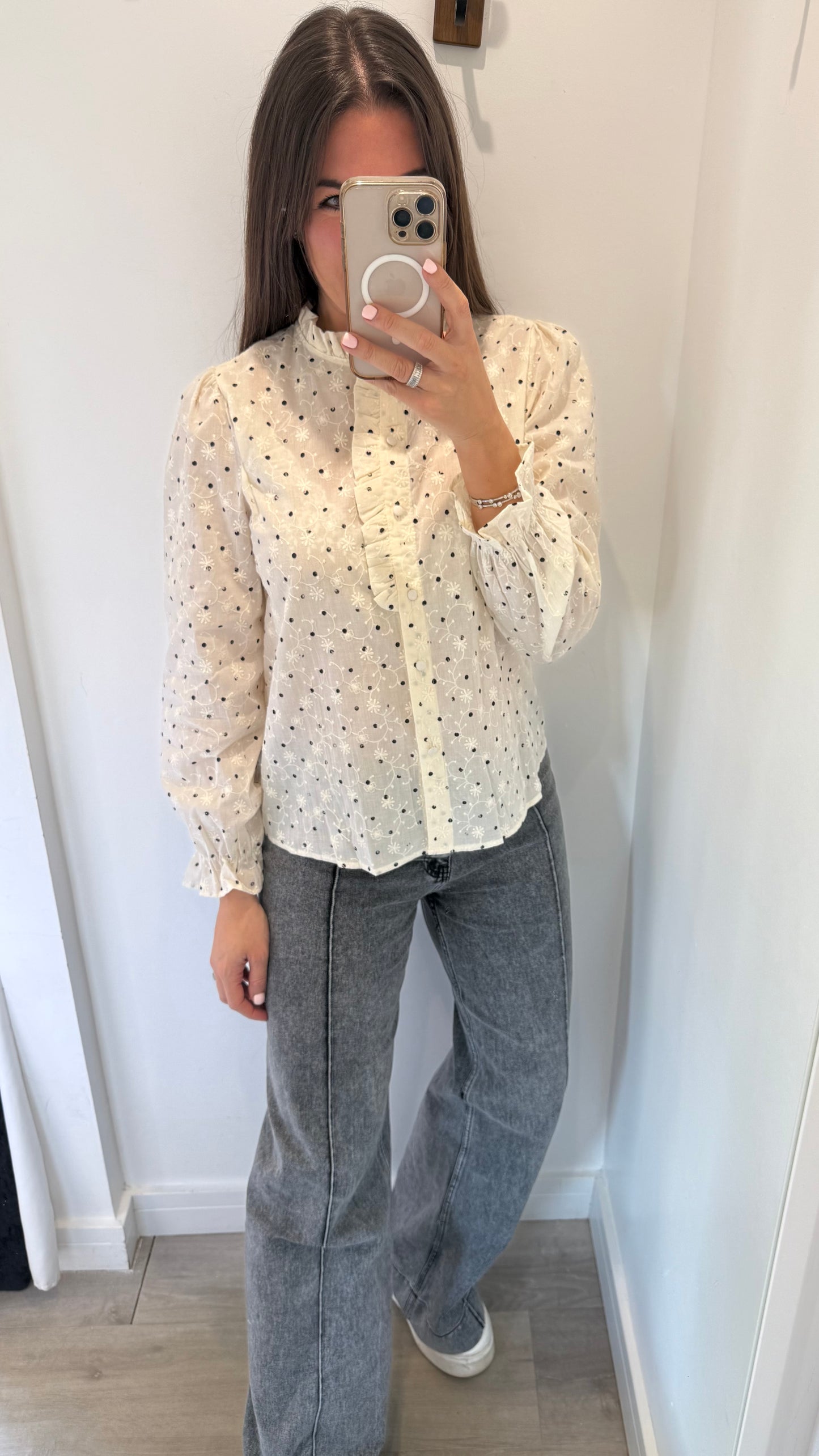 CREAM FLORAL EMBROIDERED SPOT BLOUSE