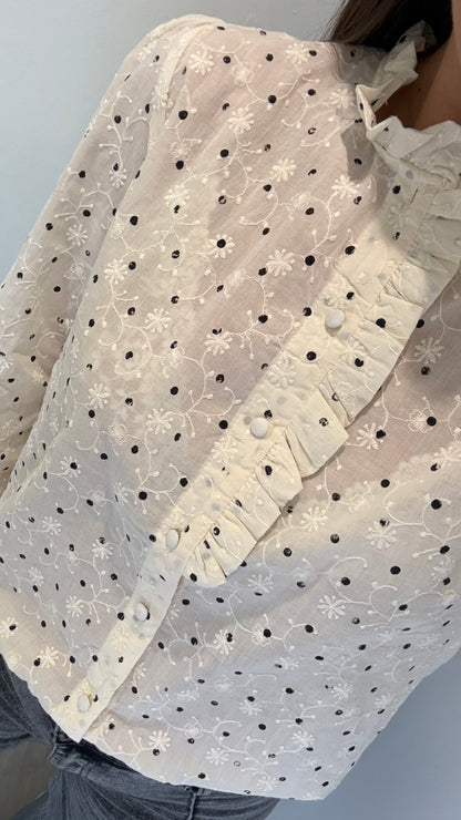 CREAM FLORAL EMBROIDERED SPOT BLOUSE