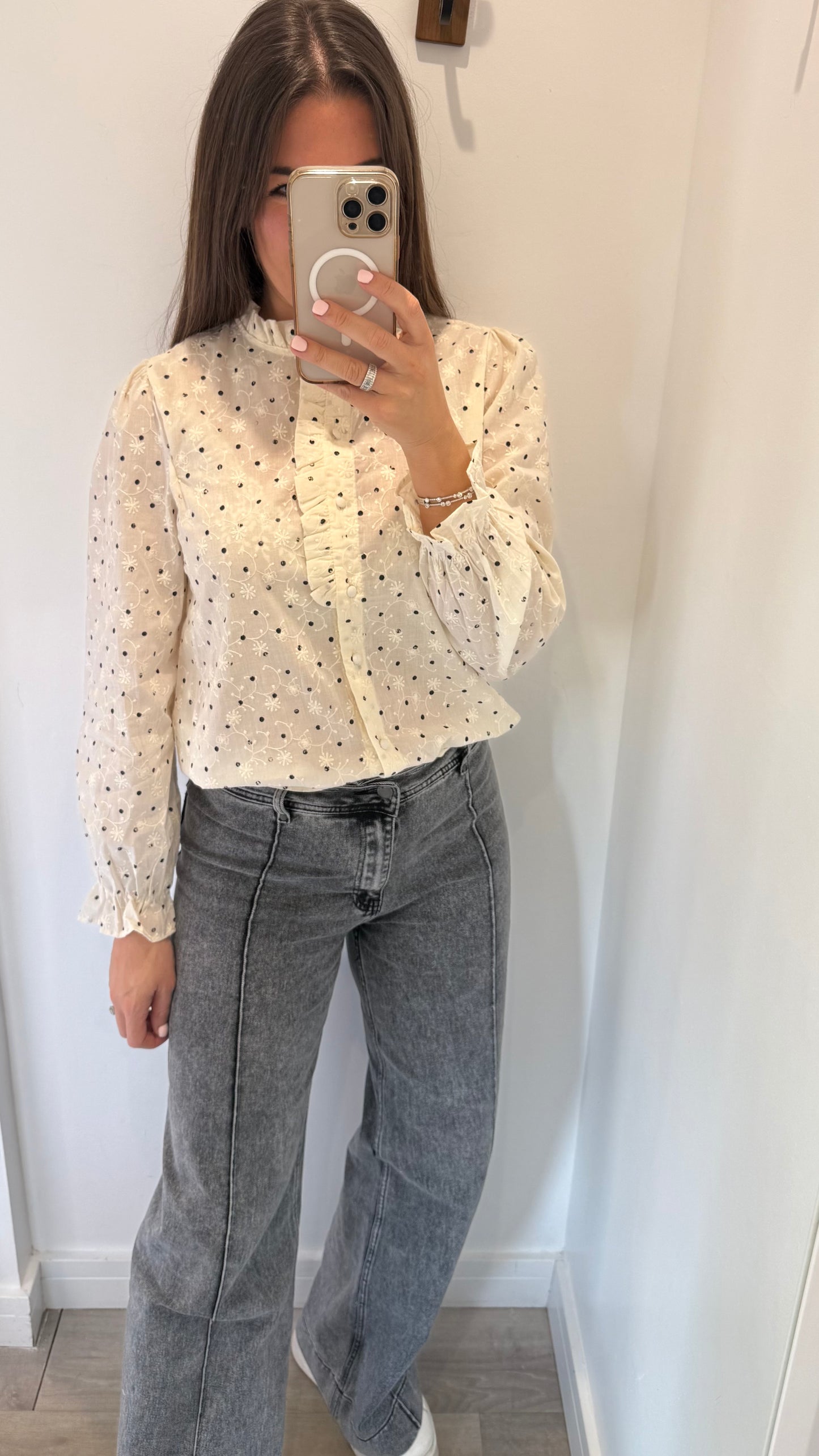CREAM FLORAL EMBROIDERED SPOT BLOUSE