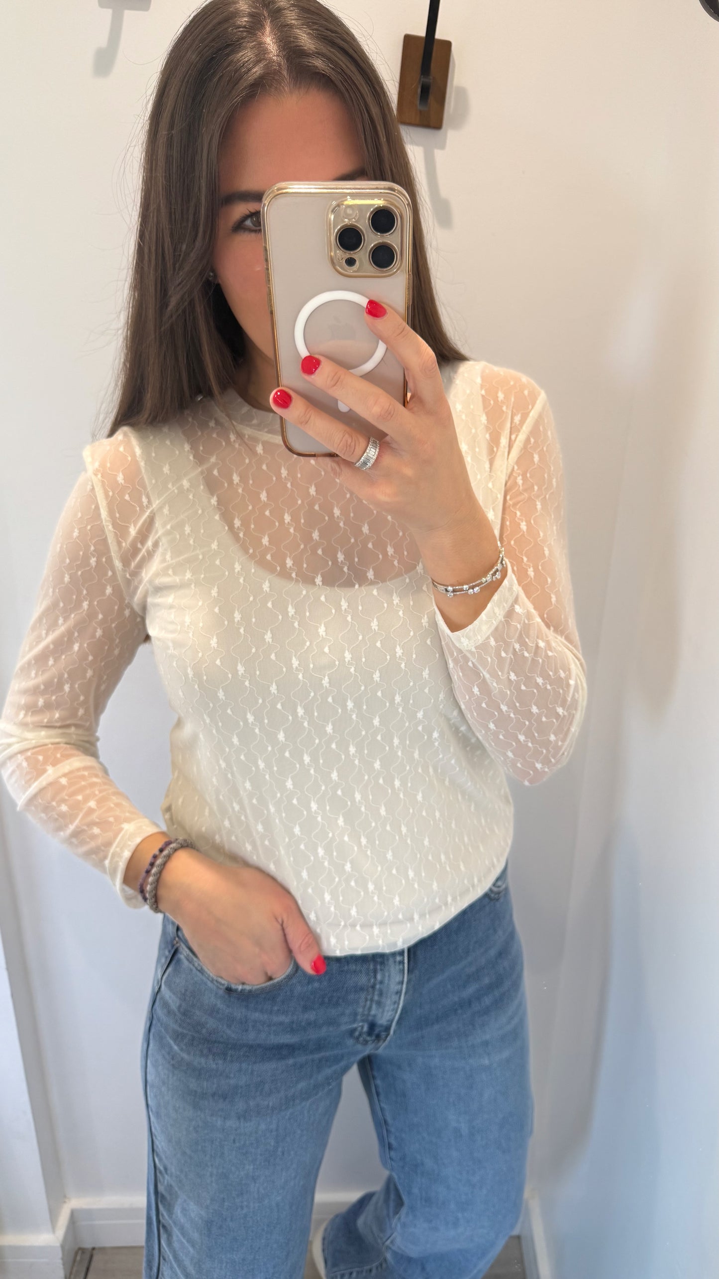 CREAM FLORAL TEXTURED SHEER TOP