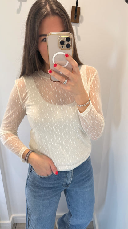 CREAM FLORAL TEXTURED SHEER TOP