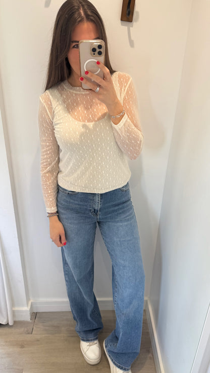 CREAM FLORAL TEXTURED SHEER TOP
