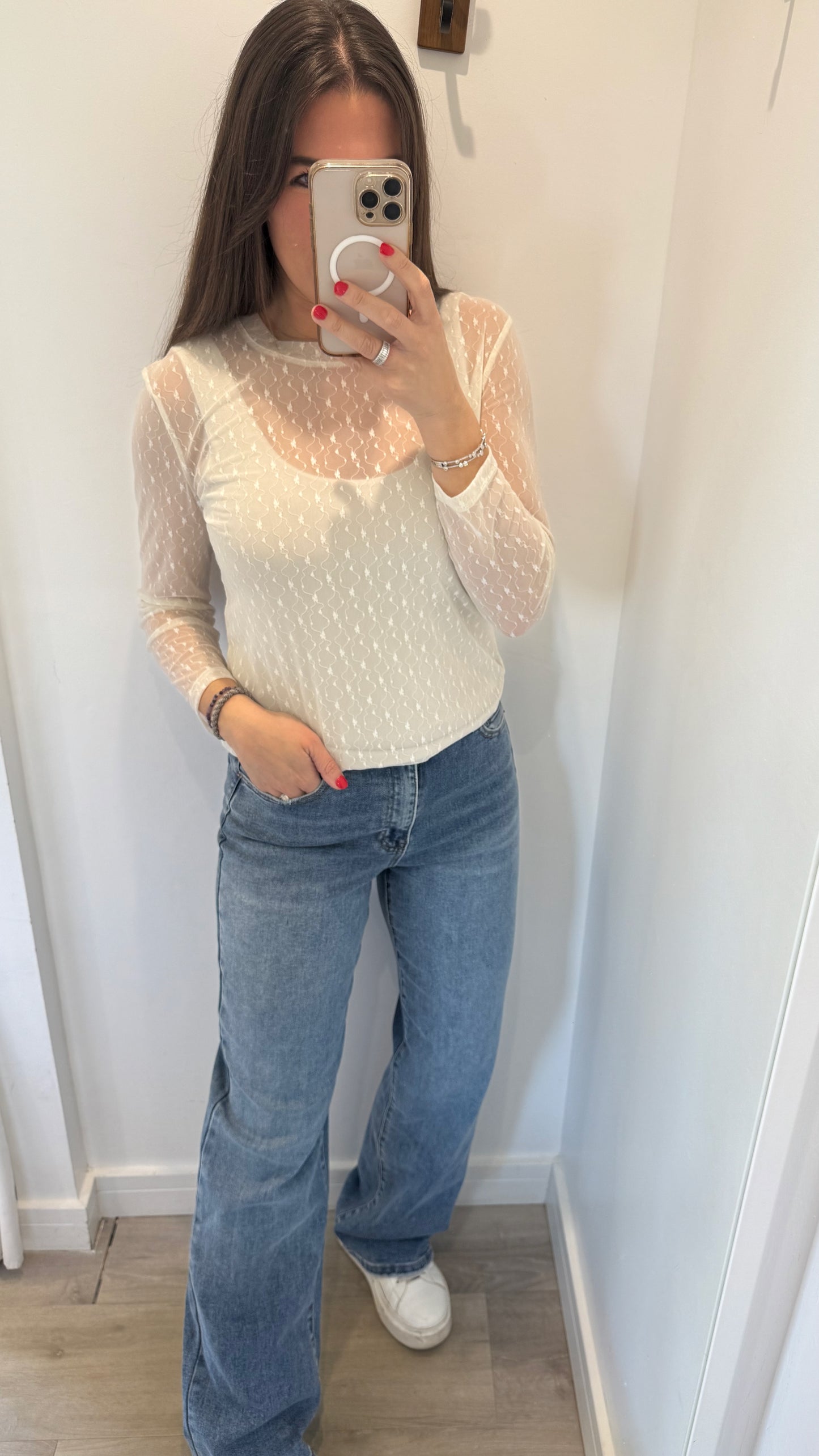 CREAM FLORAL TEXTURED SHEER TOP