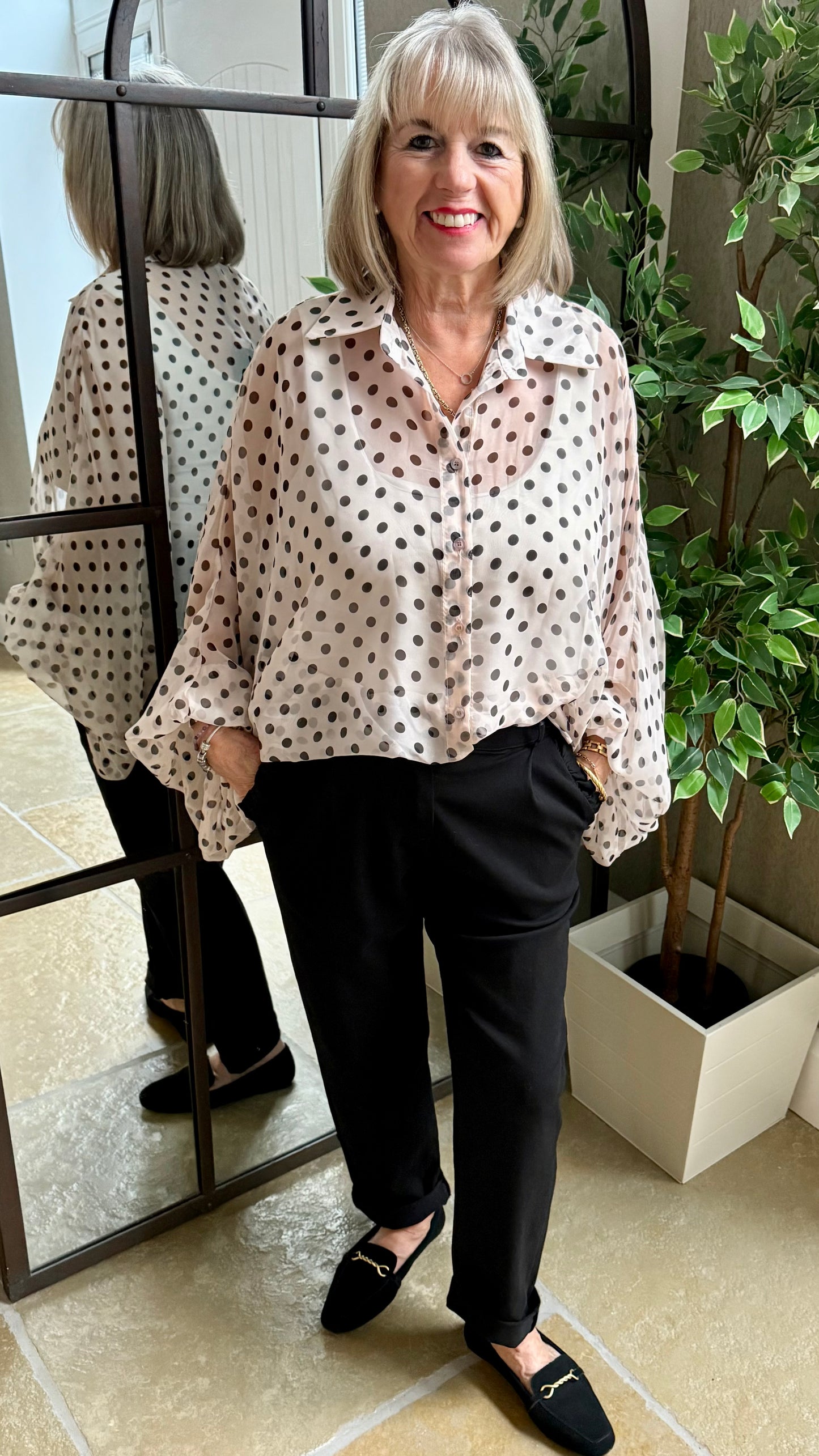 CREAM SHEER BLOUSE WITH CHOCOLATE SPOTS