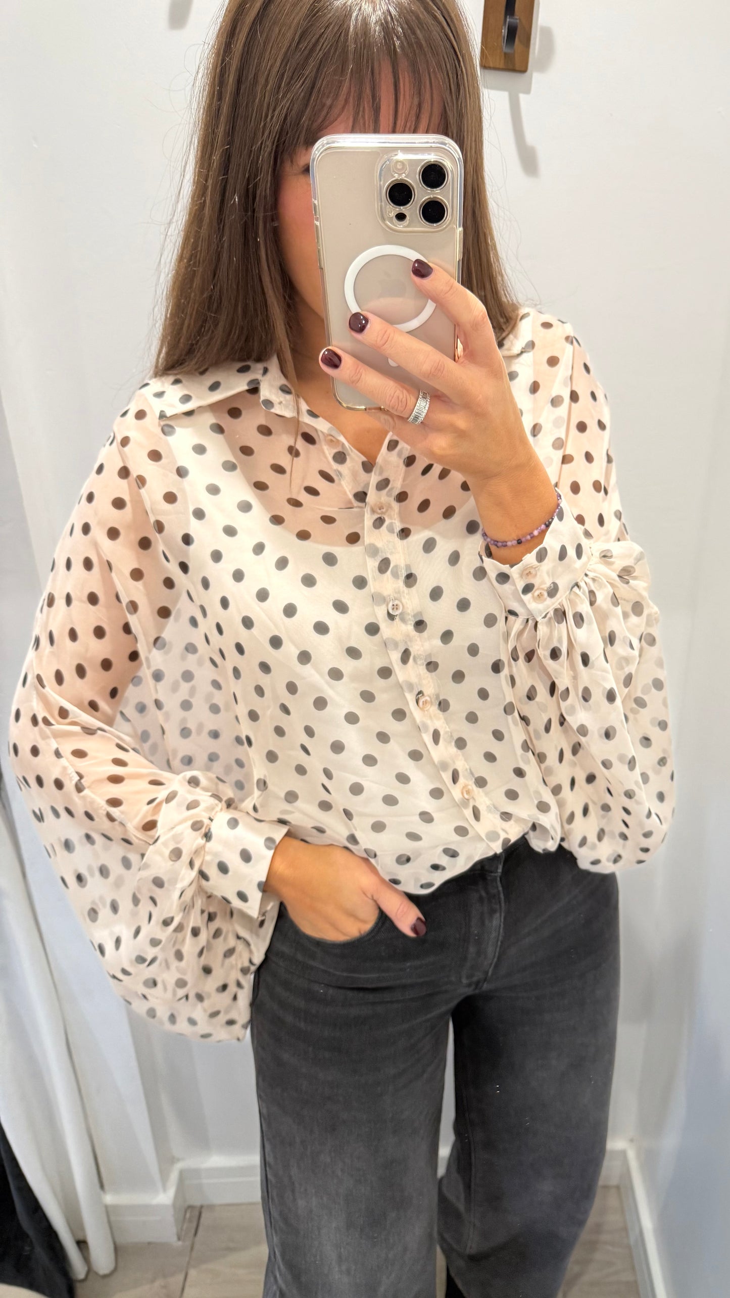 CREAM SHEER BLOUSE WITH CHOCOLATE SPOTS
