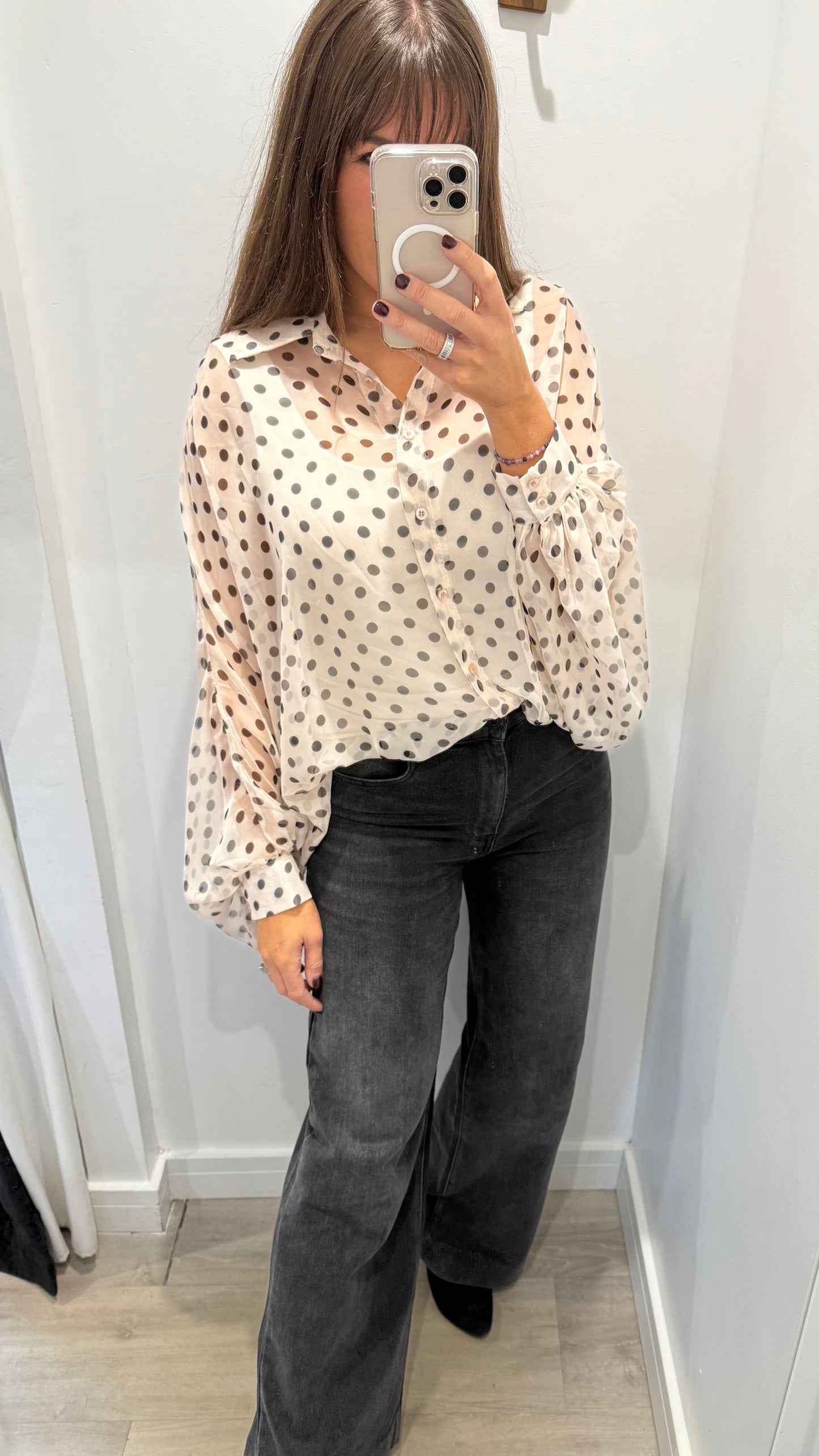 CREAM SHEER BLOUSE WITH CHOCOLATE SPOTS