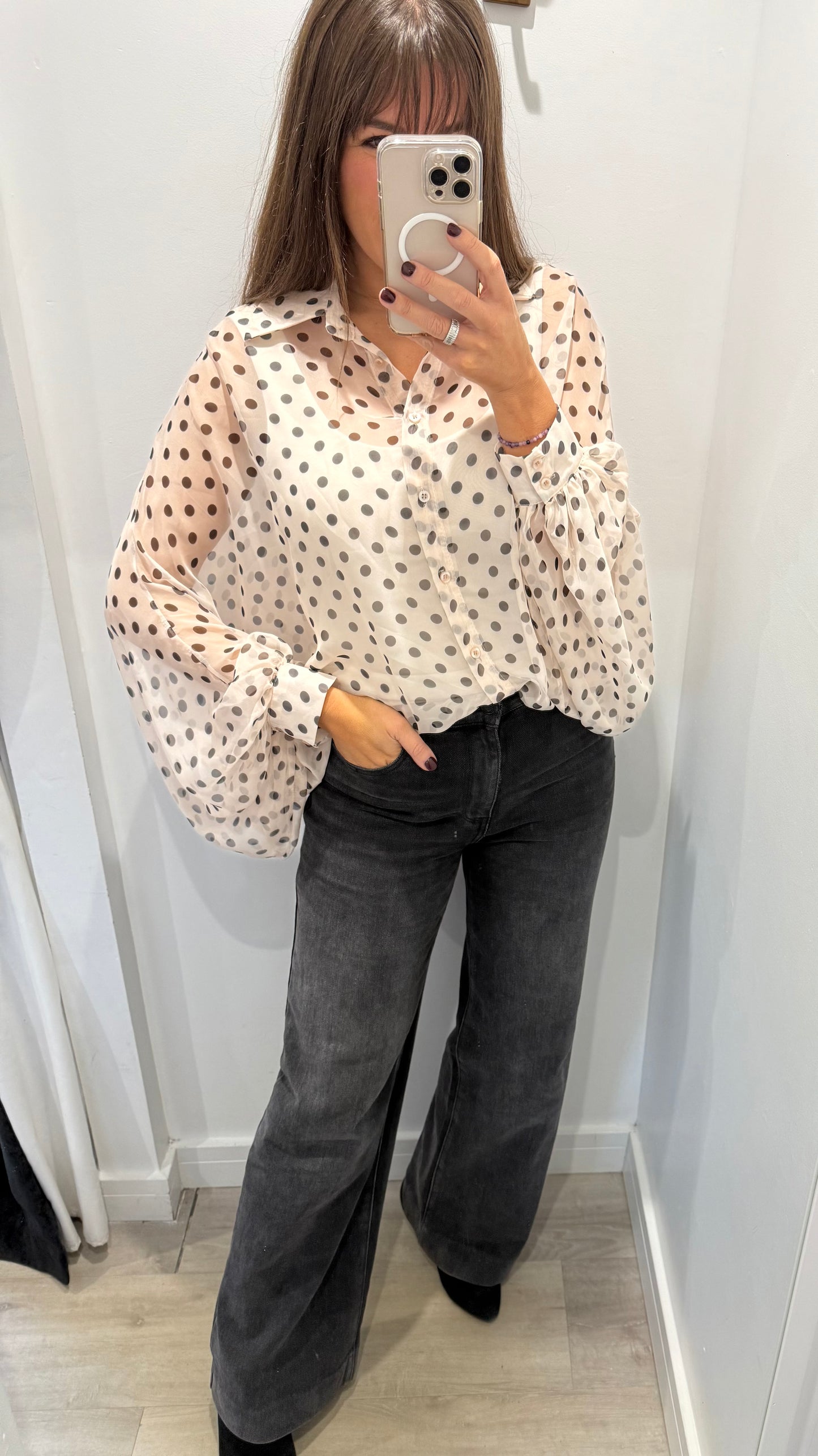 CREAM SHEER BLOUSE WITH CHOCOLATE SPOTS