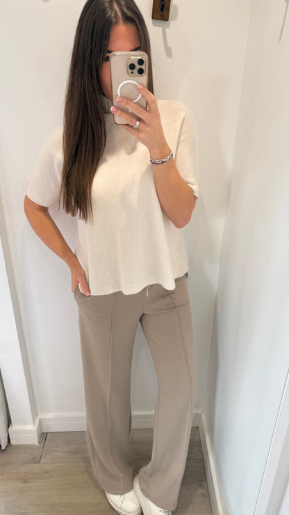 CREAM SHORT-SLEEVE TURTLENECK KNIT TOP