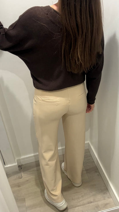 CREAM TAILORED STRETCHY SMART PULL-ON TROUSERS