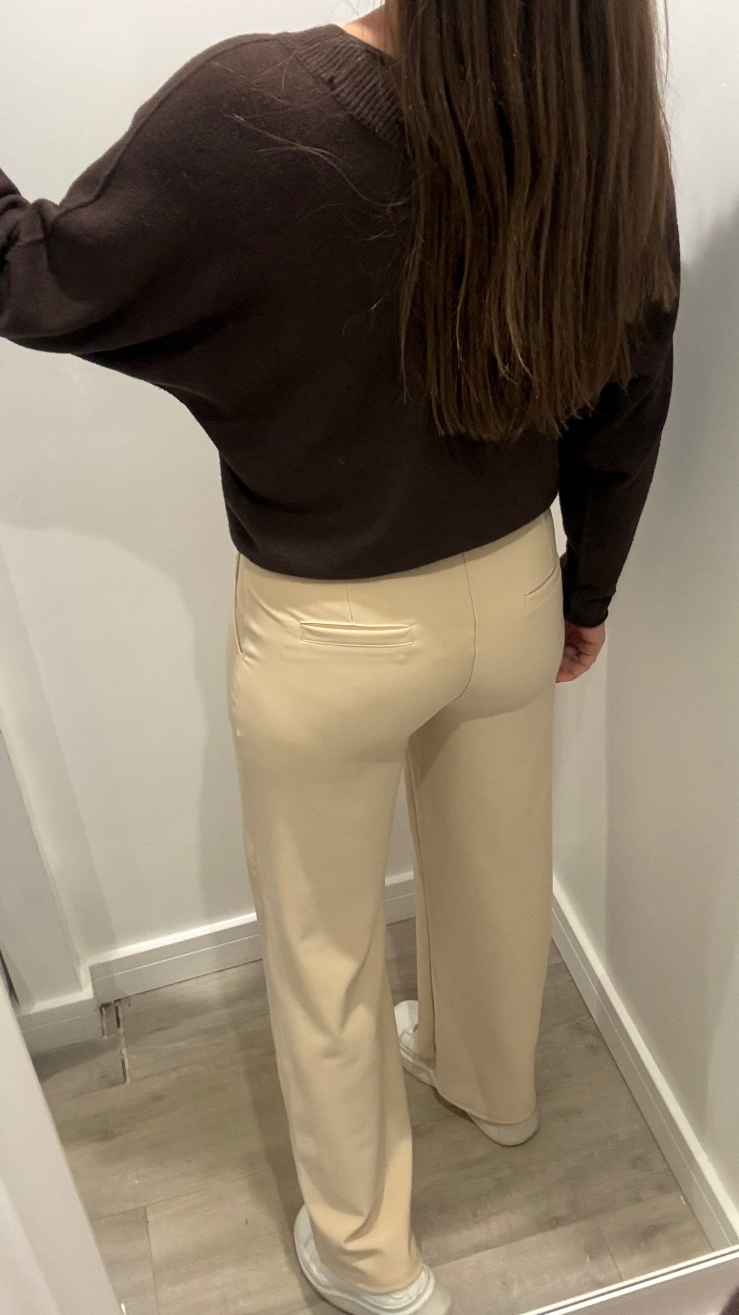 CREAM TAILORED STRETCHY SMART PULL-ON TROUSERS